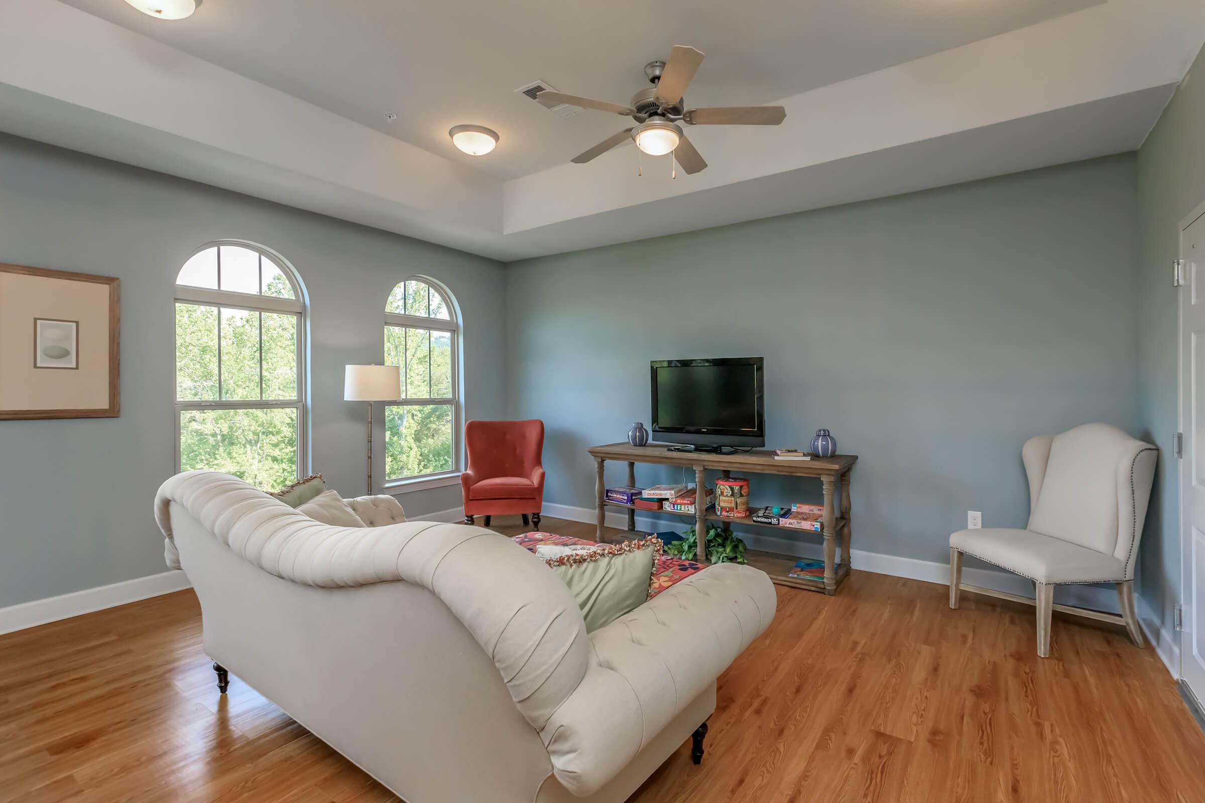 a living room filled with furniture on top of a hard wood floor