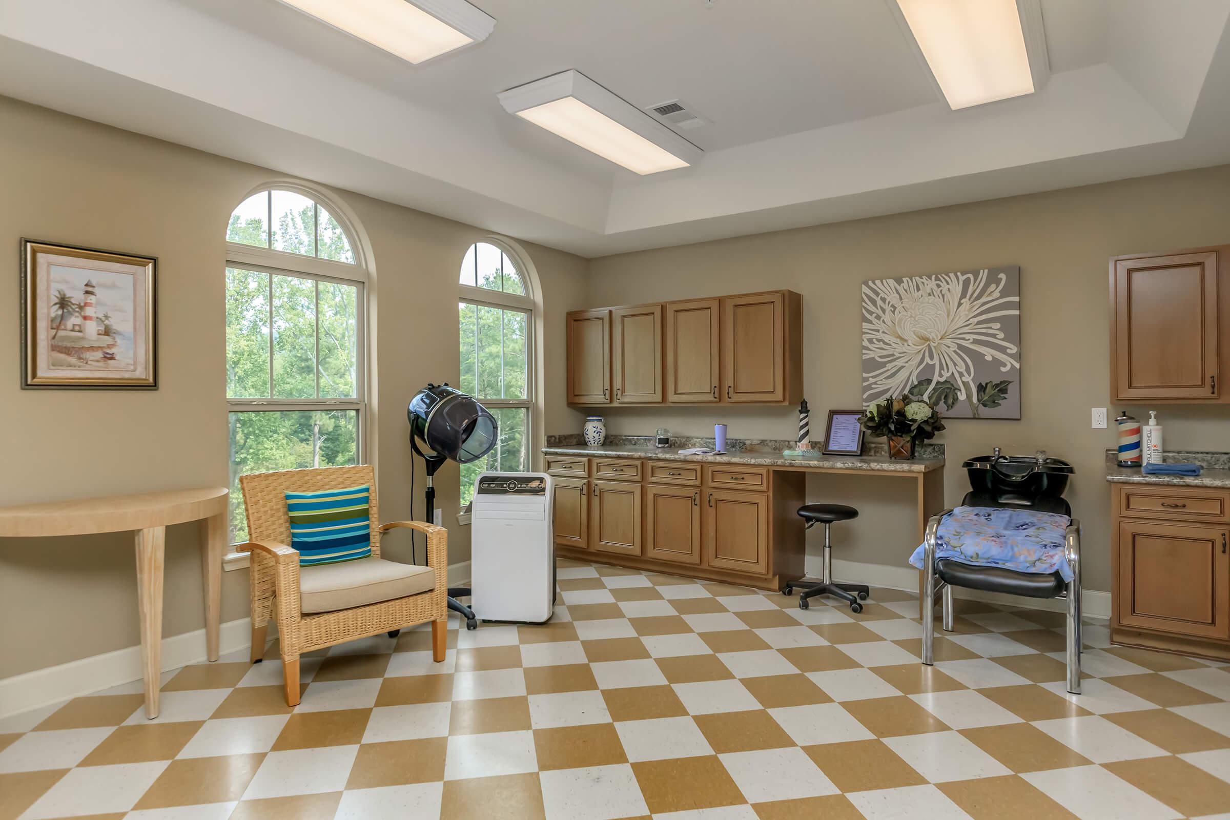 a living room with a tile floor