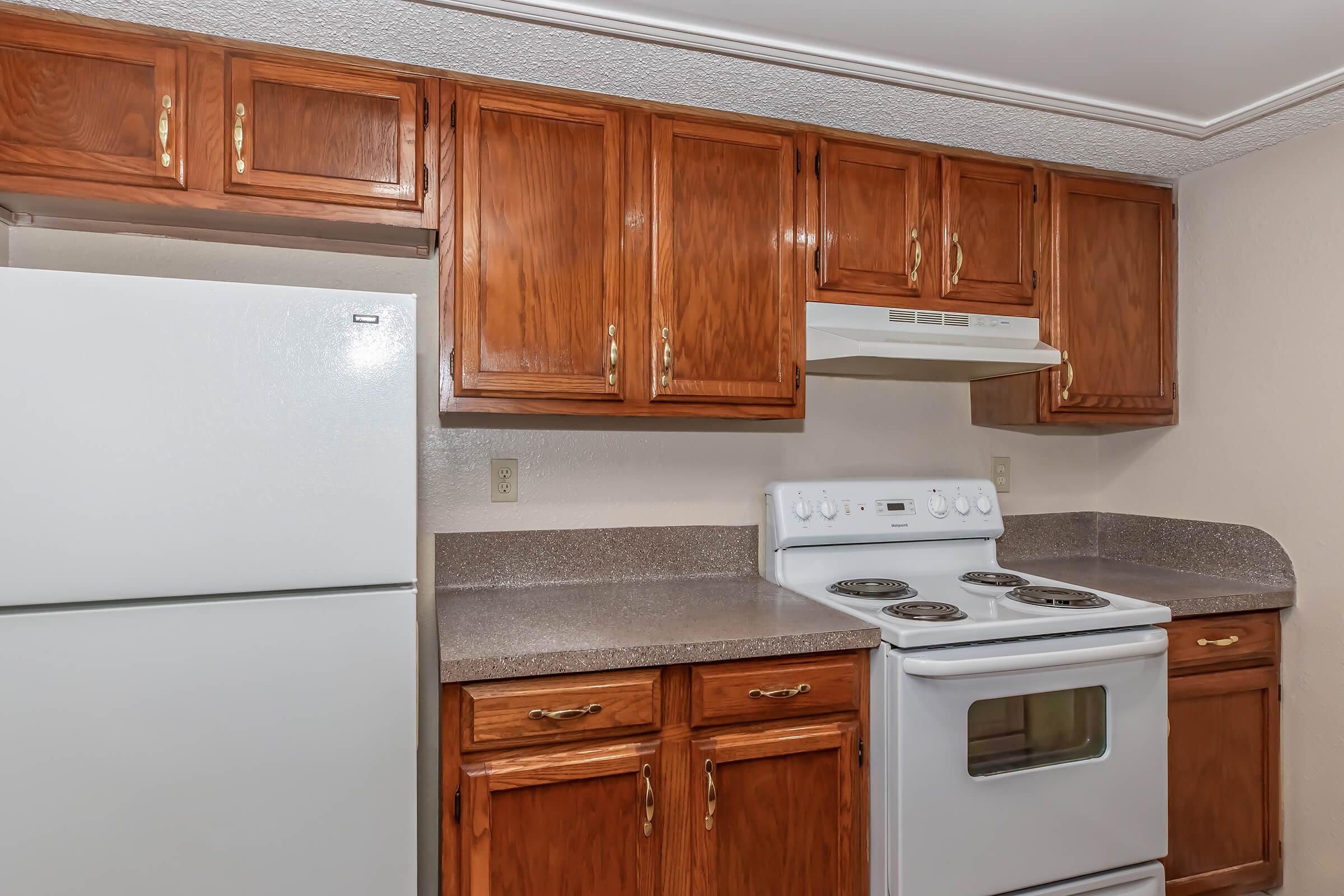A kitchen featuring wooden cabinets, a white refrigerator, and a white stove with an oven. The countertop is gray, and there is a range hood above the stove. The kitchen has a simple and functional design, with ample storage space in the cabinets.