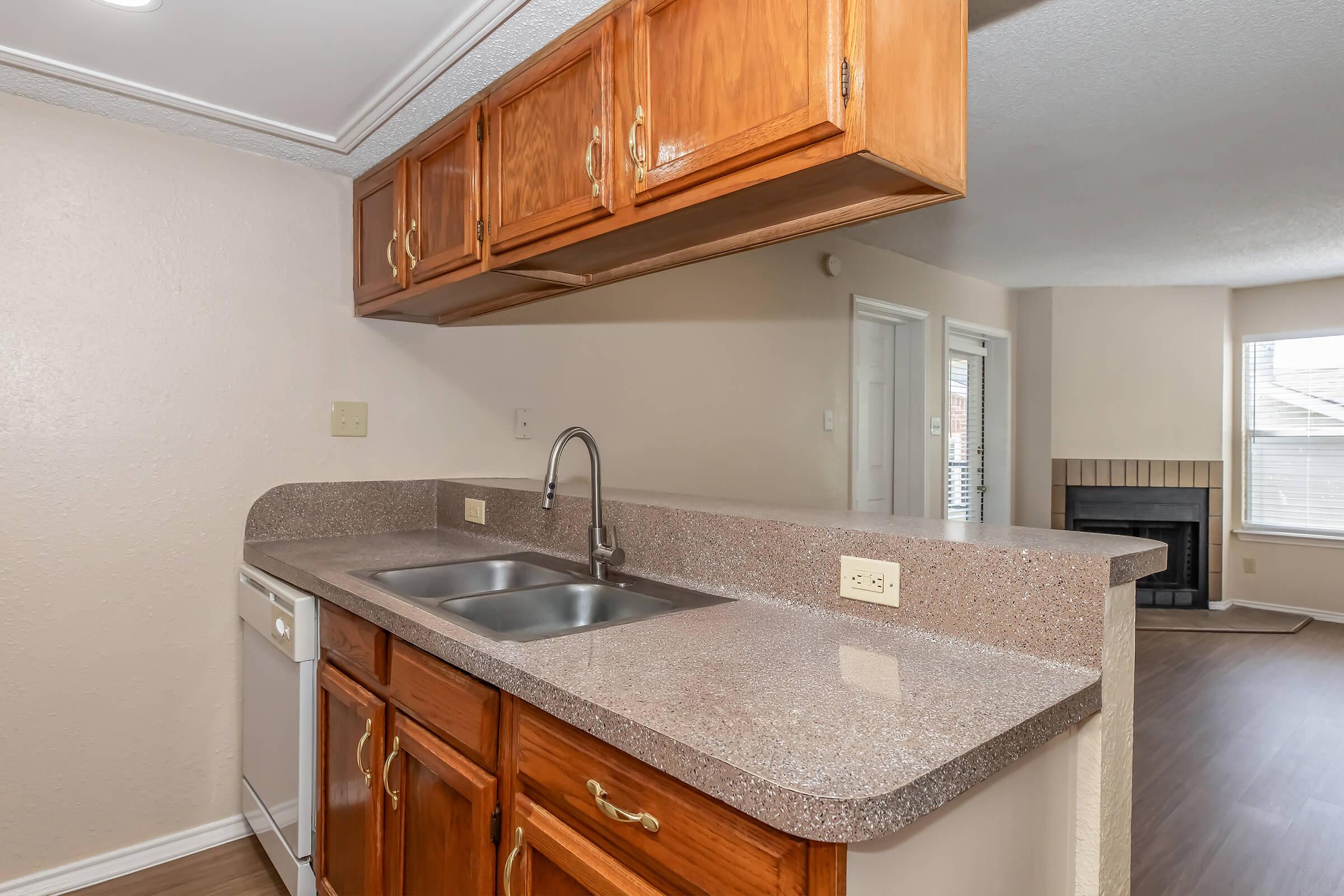 A kitchen area featuring wooden cabinetry, a granite countertop with a dual sink, and a dishwasher. The space is well-lit and connects to a living area with a fireplace. Light-colored walls and a neutral palette create a warm atmosphere.
