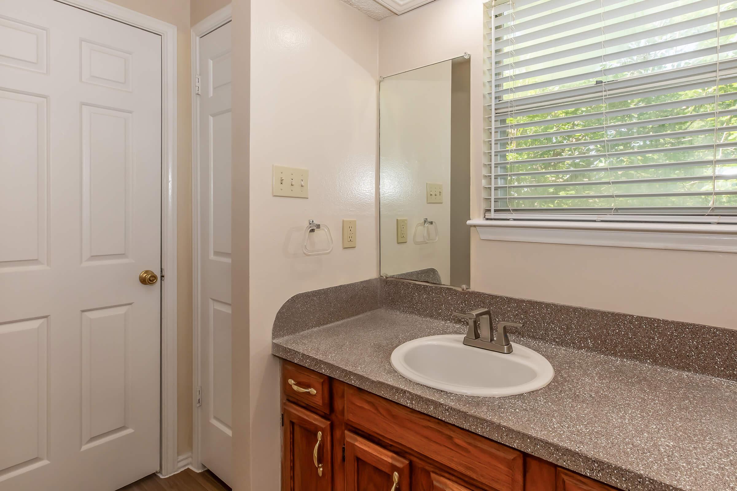 A well-lit bathroom featuring a sink with a modern faucet, a countertop, and wooden cabinetry. A mirror hangs above the sink, and there is a door leading out of the room. Natural light filters in through a window with blinds. The walls are painted in a light color, enhancing the space's brightness.