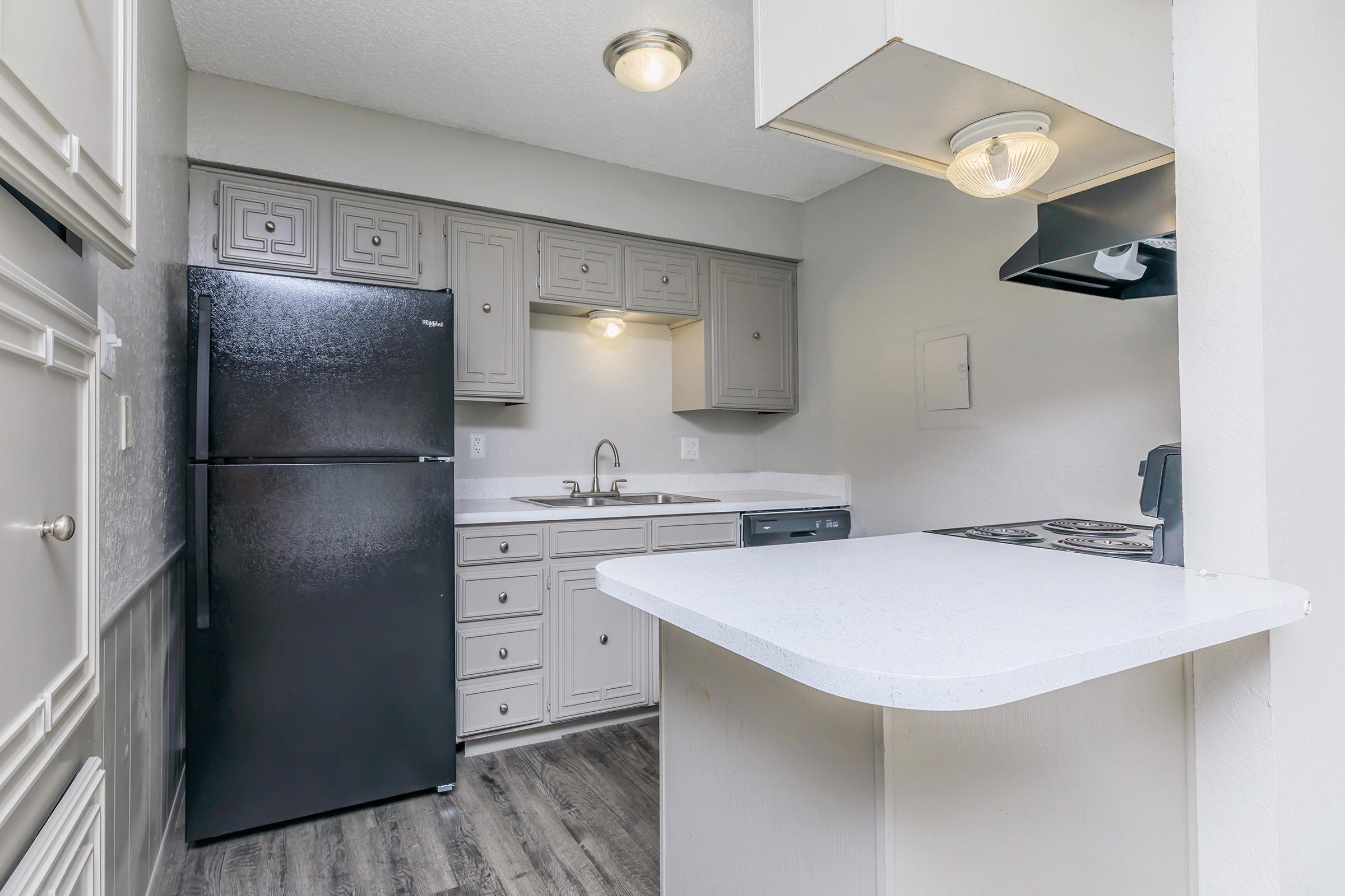 a kitchen with a sink and a refrigerator