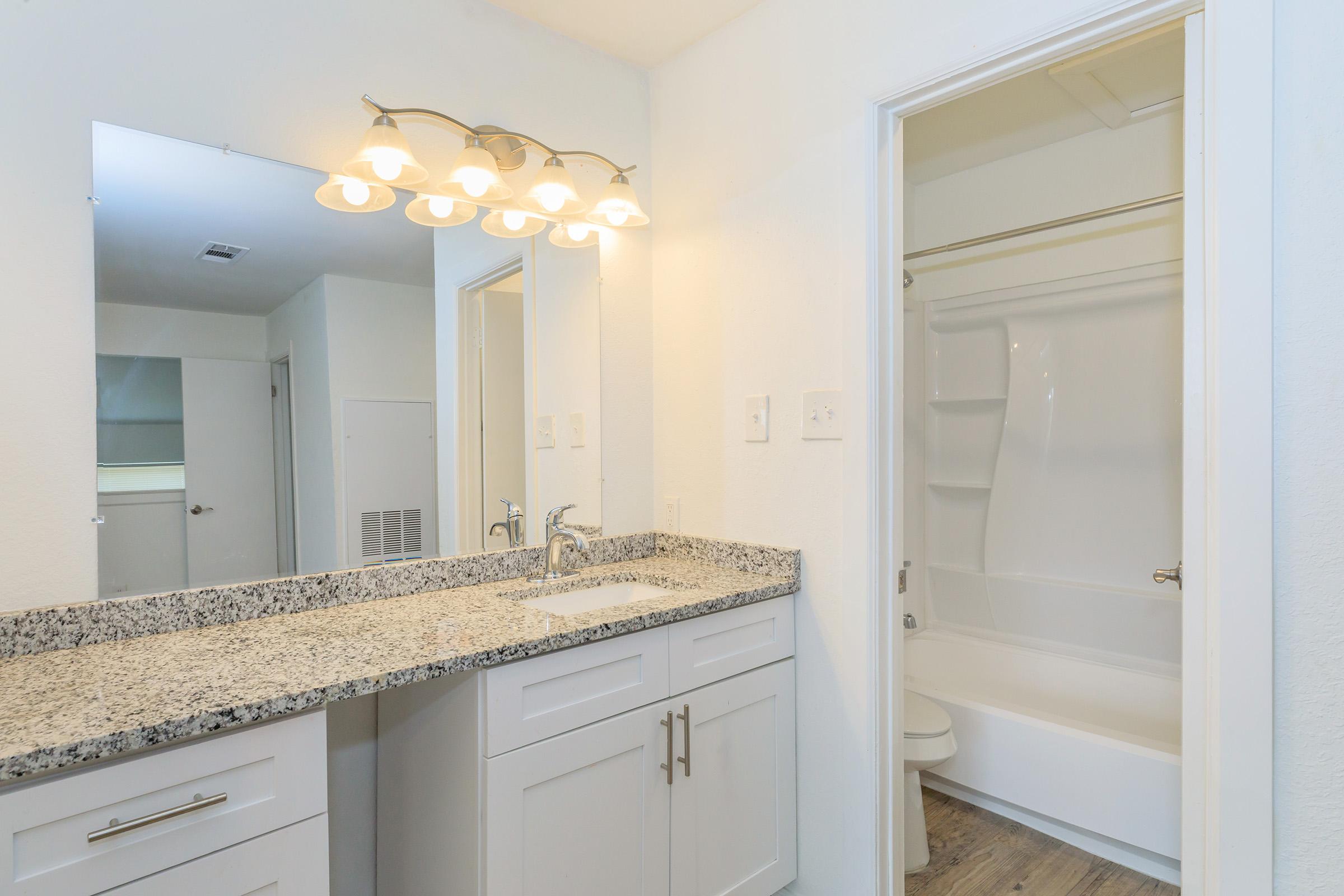 A well-lit bathroom featuring a granite countertop with a sink, a large mirror, and modern light fixtures. A white bathtub with a shower is visible in the adjacent area, and the walls are painted light, creating a clean and spacious atmosphere.