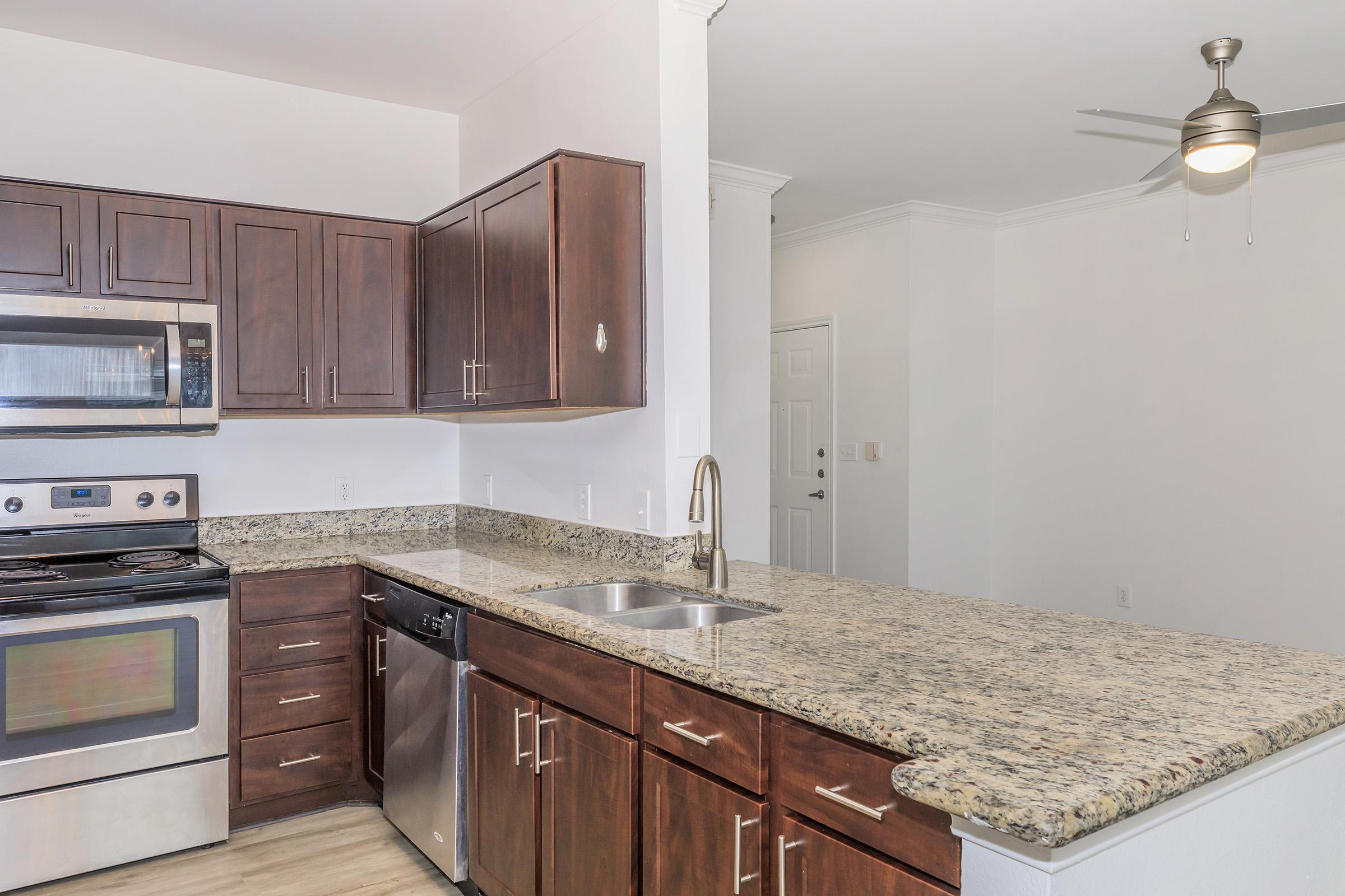 Modern kitchen featuring dark wood cabinets, stainless steel appliances, and a granite countertop. The layout includes a sink, an oven, a dishwasher, and a ceiling fan. There is a light-colored wall and open space visible in the background.
