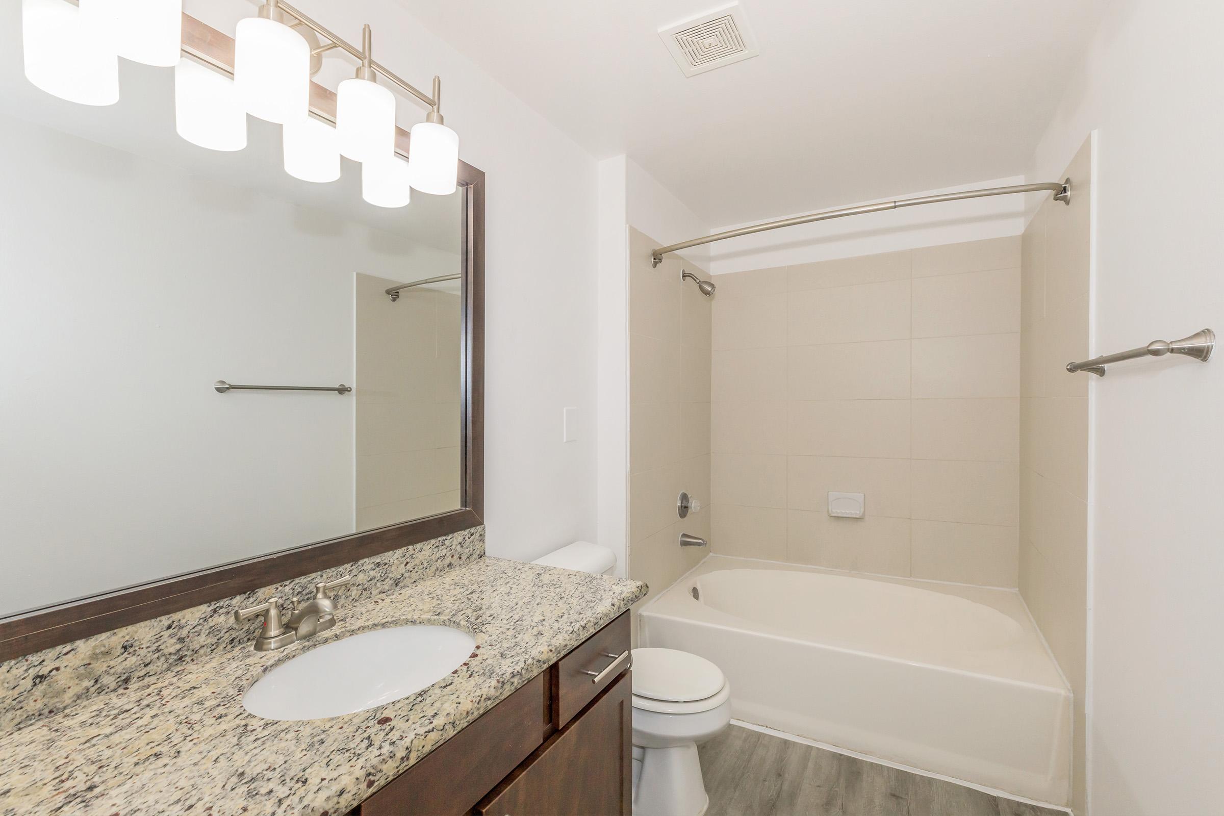 A modern bathroom featuring a bathtub with a shower, beige tile walls, a large mirror above the sink, and a granite countertop. The space is well-lit with a light fixture above the mirror and has a clean, minimalist design with neutral colors.
