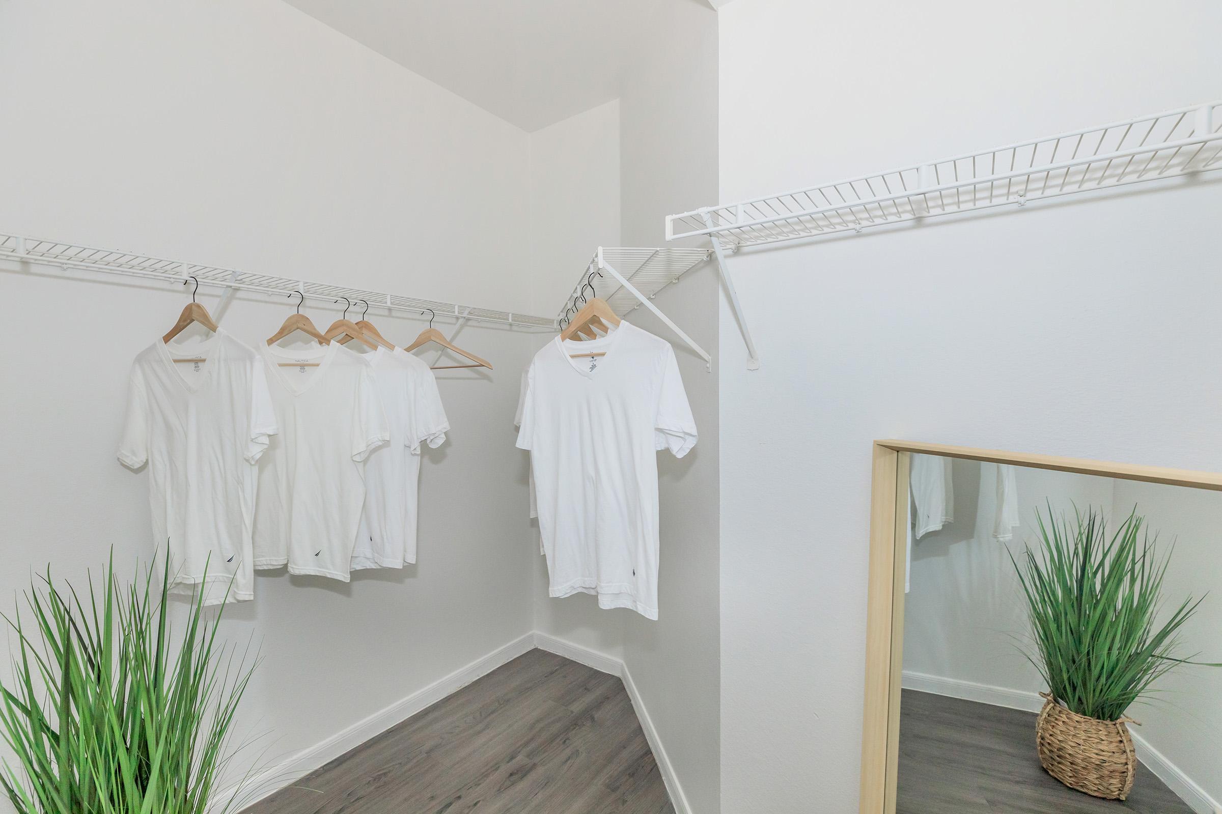 A minimalist closet featuring several white t-shirts hanging on a wire rack. There's a full-length mirror against one wall and a small potted plant in a woven basket, creating a clean and airy atmosphere. The flooring is dark wood, contrasting with the light-colored walls.