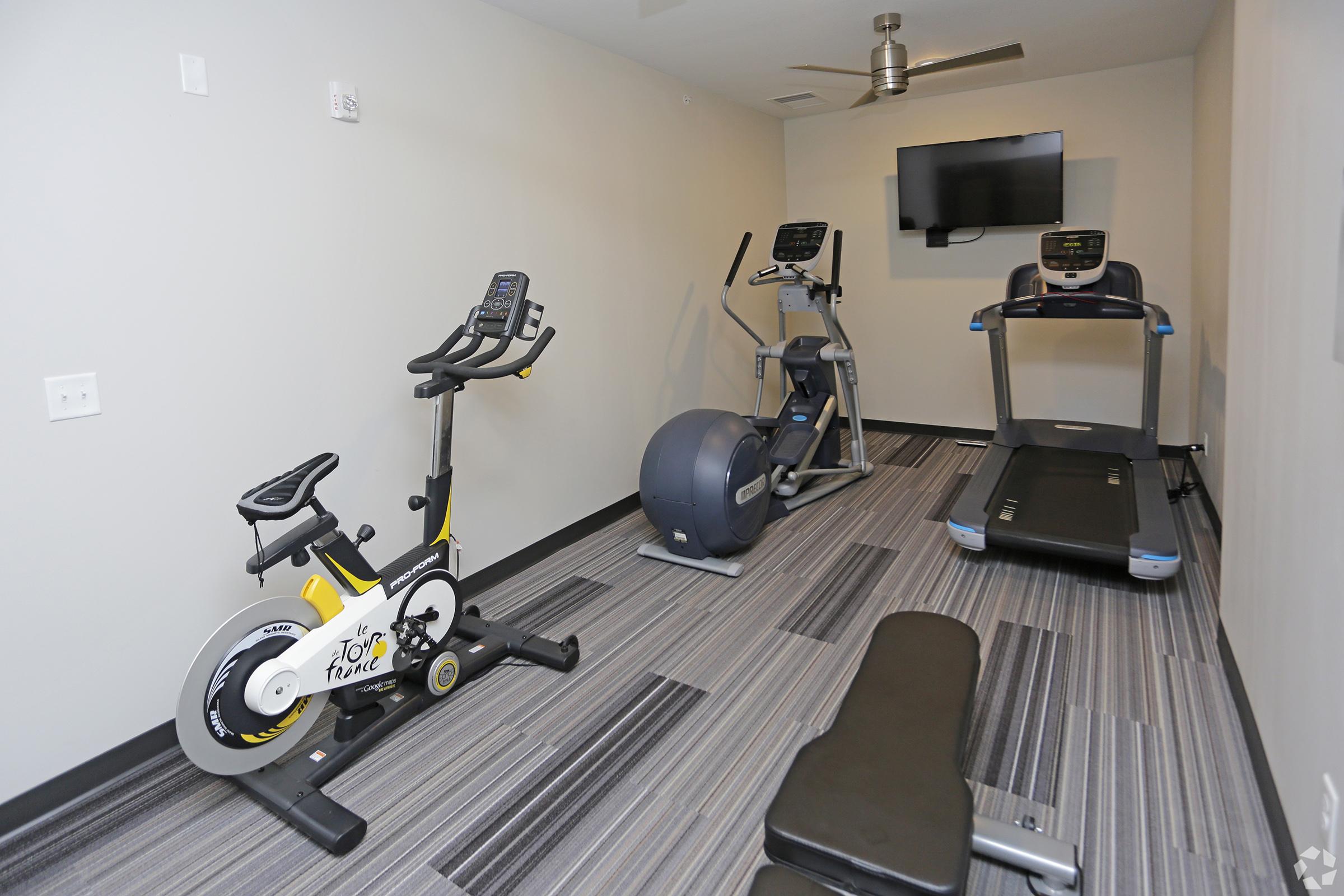 A small home gym featuring a stationary bike, an elliptical machine, and a treadmill, along with a flat-screen television mounted on the wall. The room has neutral-colored walls and a gray striped carpet. A weight bench is also present, providing a space for strength training exercises.