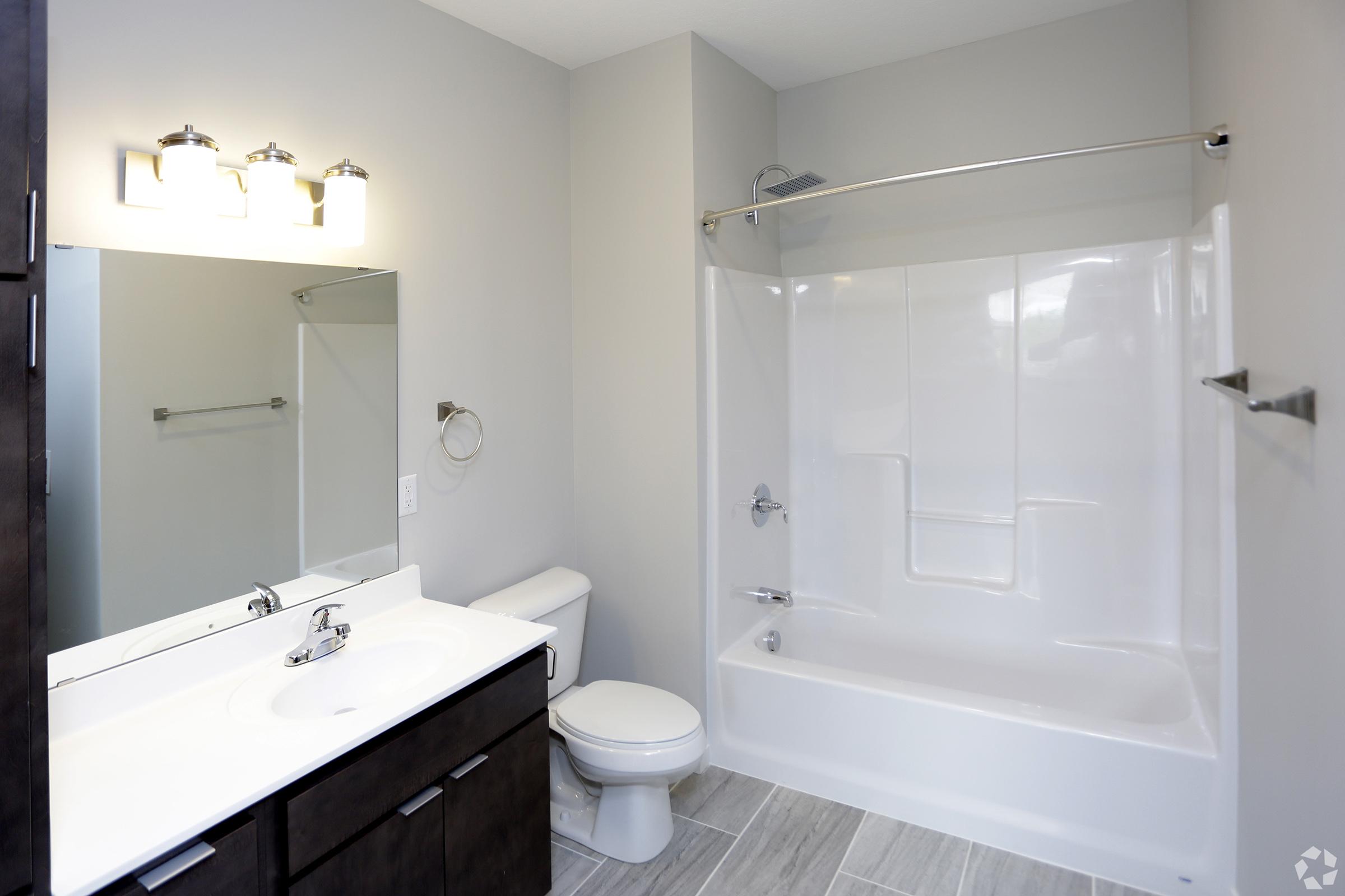 A modern bathroom featuring a white bathtub and shower combo, a single vanity with a sink, a large mirror with overhead lighting, and a toilet. The walls are painted in a light gray color, and the floor is tiled with light gray tiles, creating a clean and contemporary look.