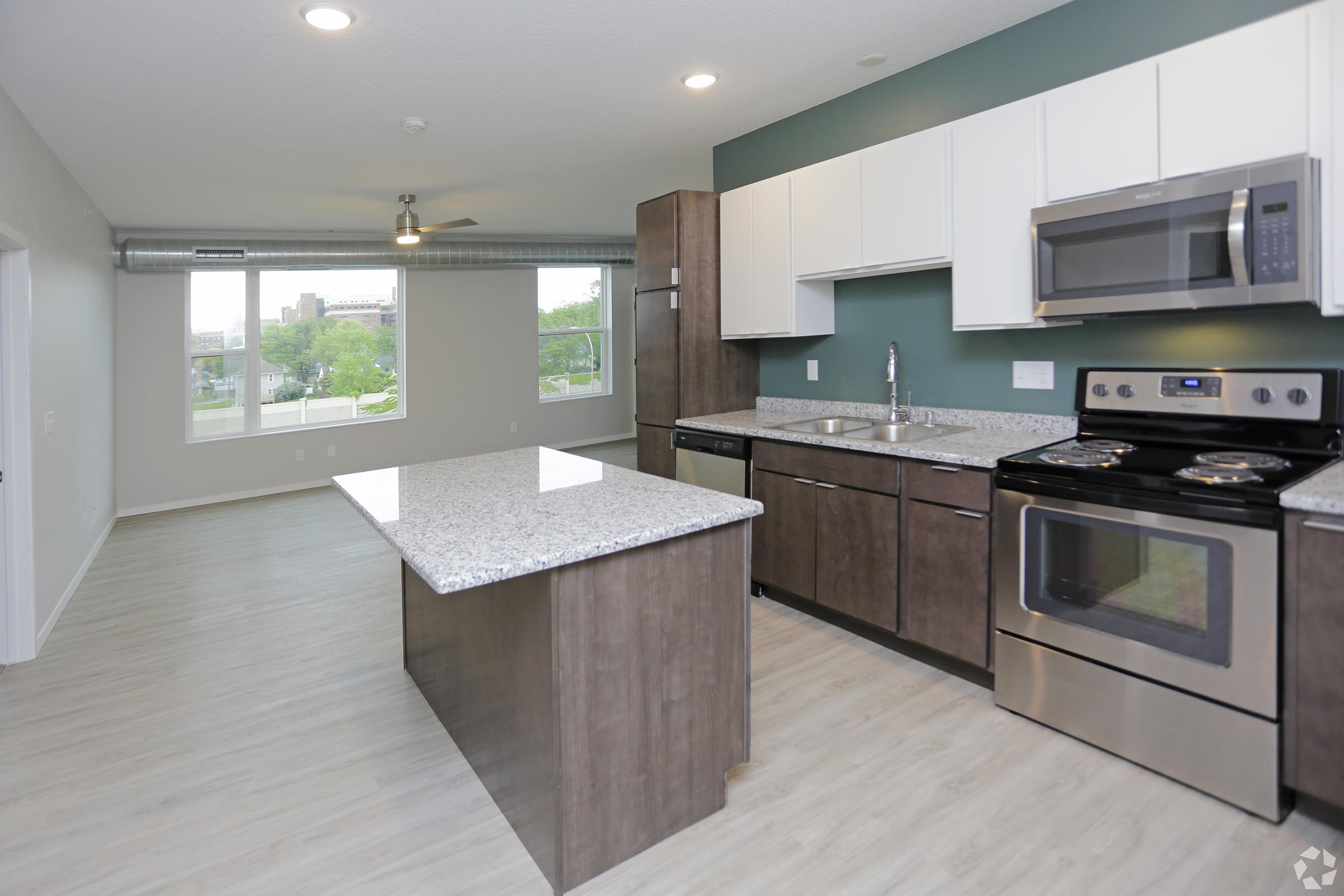 Modern kitchen featuring dark wooden cabinetry and stainless steel appliances. A central island with a granite countertop provides additional workspace. Light-colored flooring and a green accent wall enhance the open, airy feel of the space. Large windows allow natural light to fill the room.