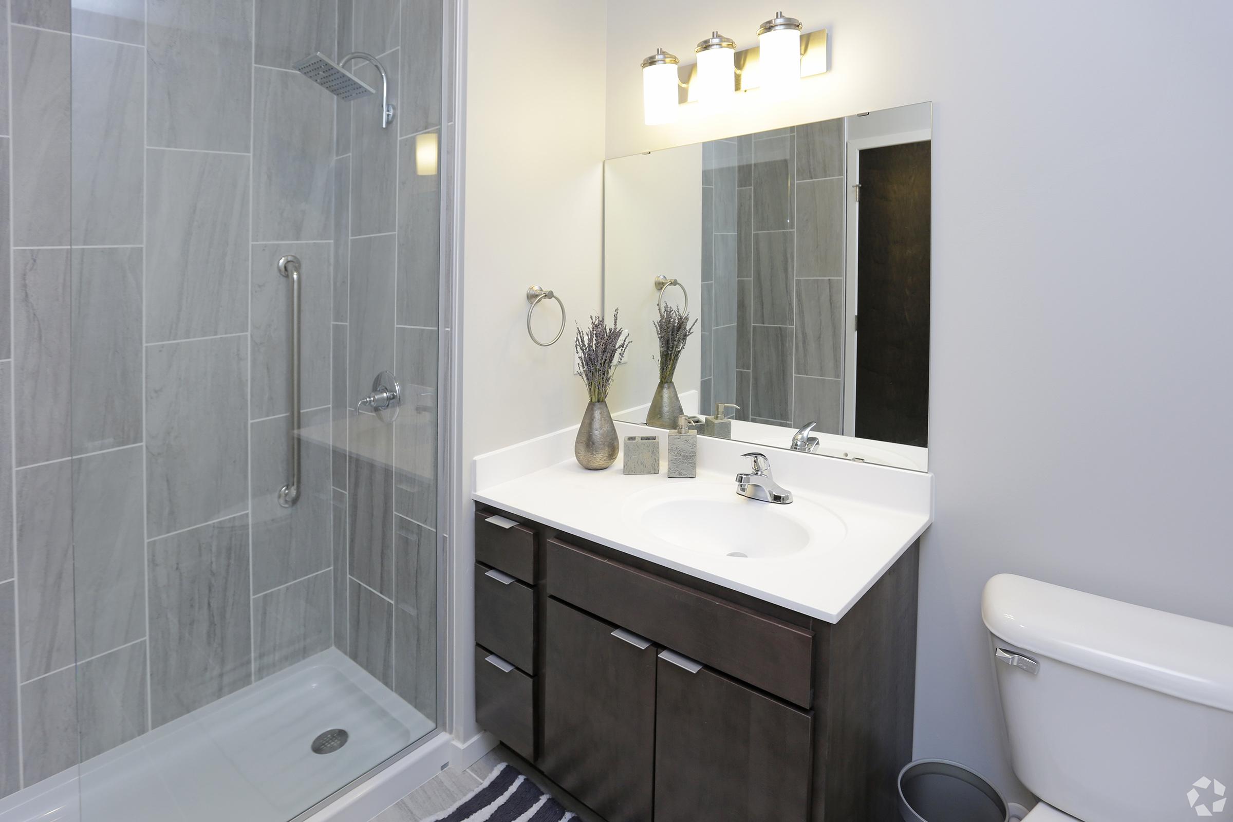 A modern bathroom featuring a walk-in shower with a glass door, a white countertop sink with a large mirror above, wooden cabinets below, and a toilet. Decorative elements include a vase with dried flowers and a rug on the floor. Soft lighting enhances the contemporary feel of the room.