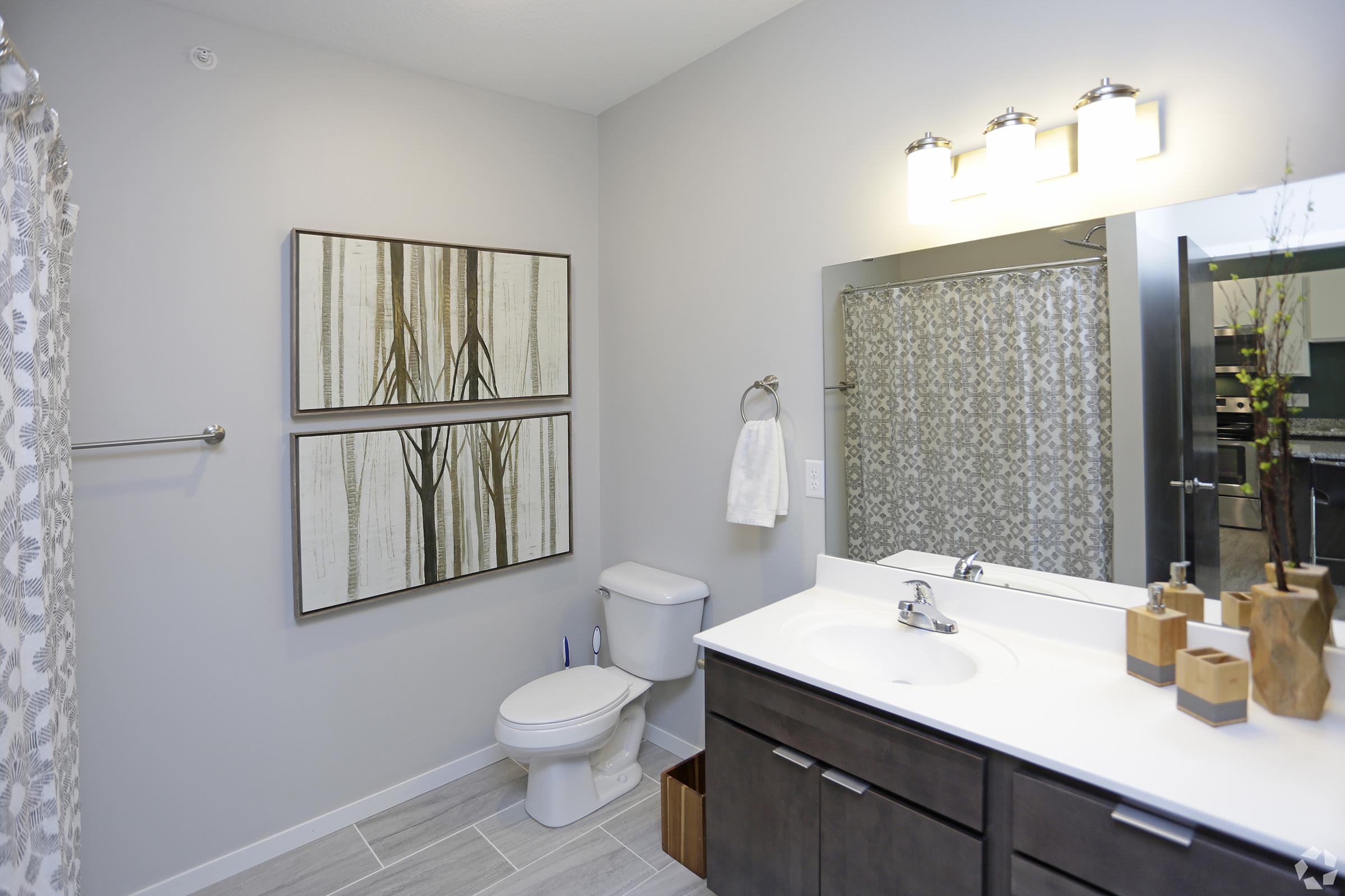 A modern bathroom featuring a white sink with a rectangular mirror above, a toilet, and a decorative wall with two framed art pieces of trees. The walls are painted light gray, and the floor has tile. A shower curtain with a floral pattern is visible, along with a towel hanging on a ring beside the sink.