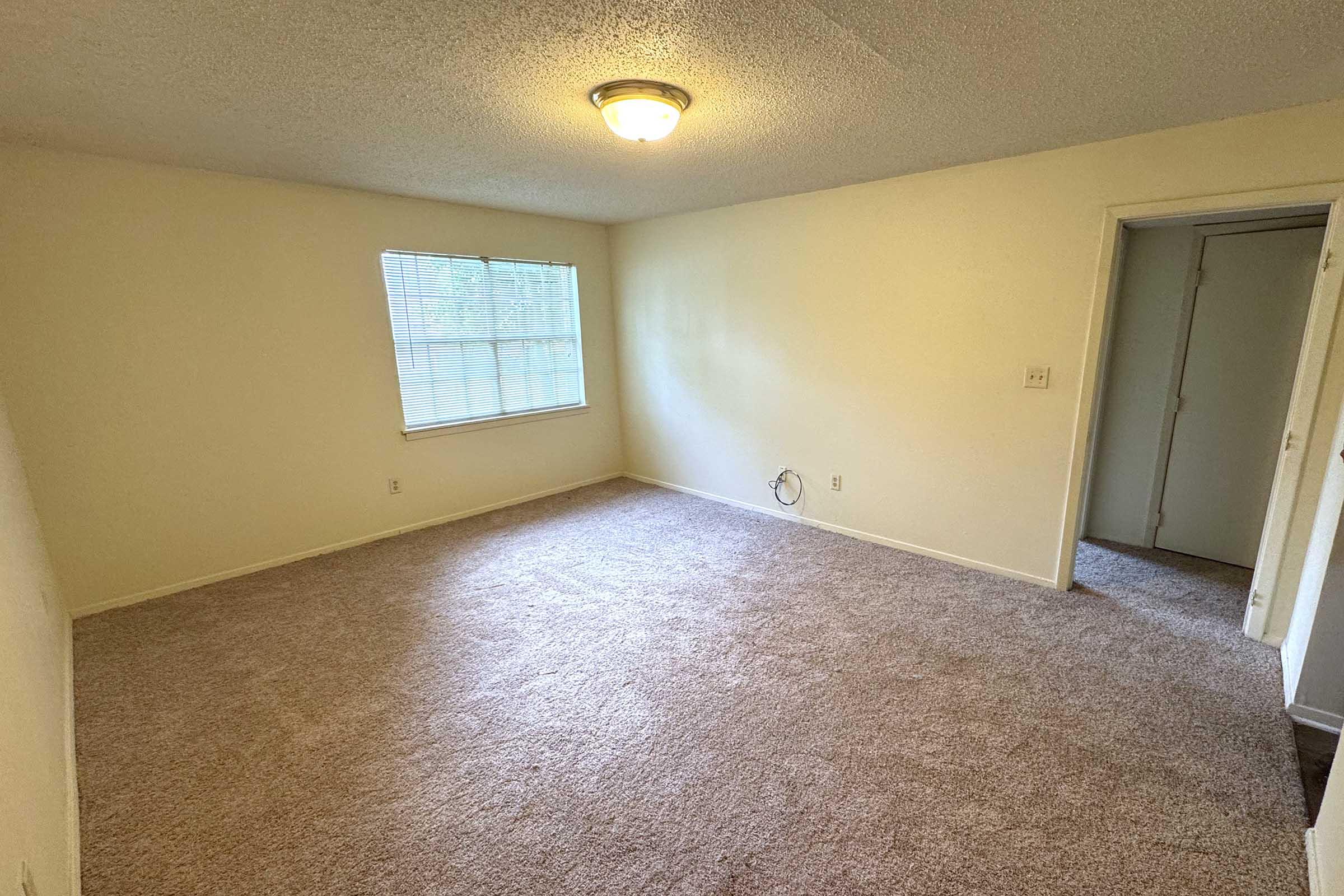A spacious, empty room with light beige carpet. It has a large window letting in natural light, a ceiling light fixture, and a door leading to another room. The walls are painted a light color, and there are no furnishings present, creating a bright and open atmosphere.