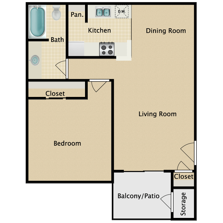 Floor plan image of One Bedroom One Bath A2 Garden Home