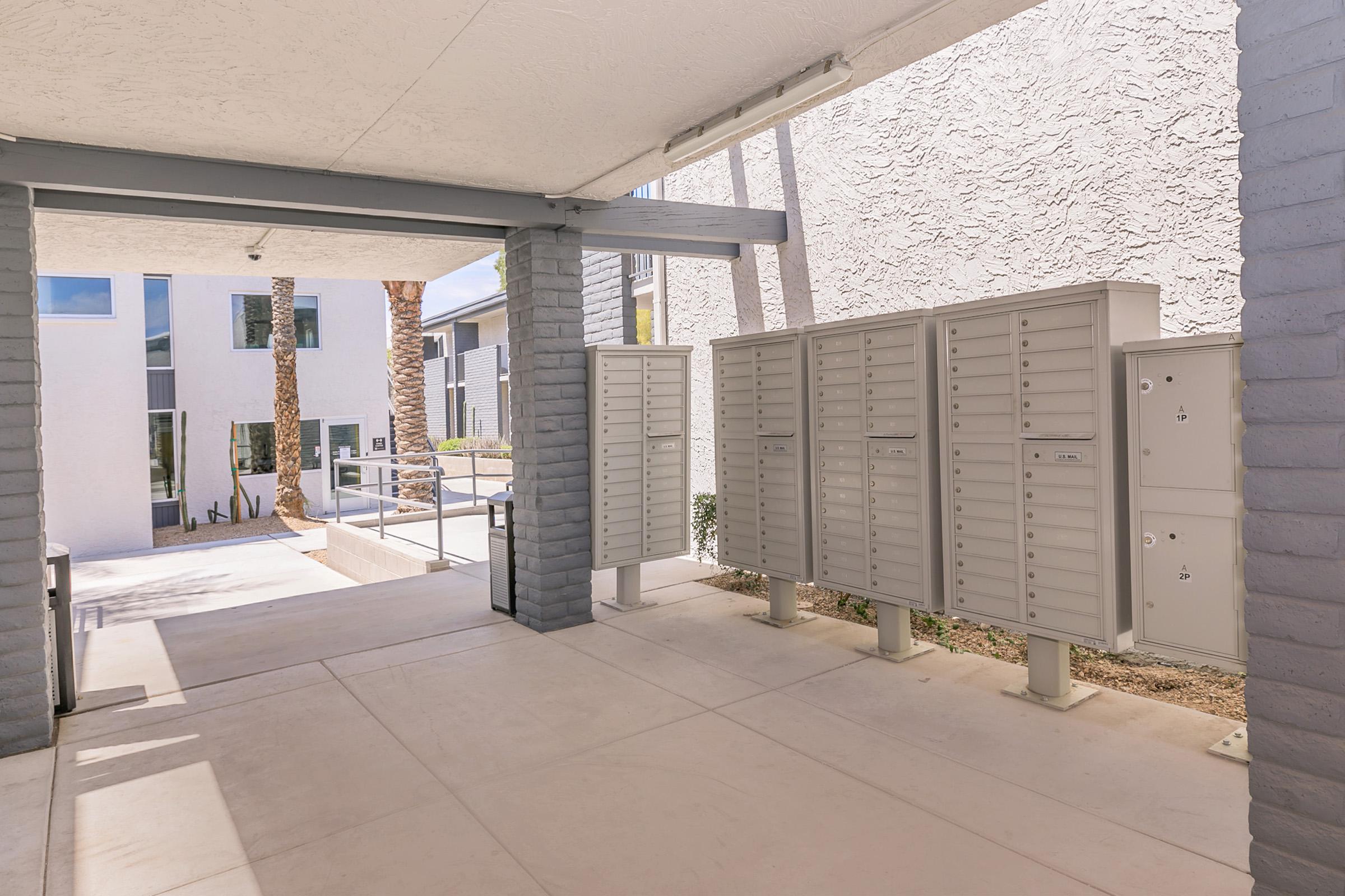 Outdoor metal mailboxes and parcel lockers at Rise Canyon West