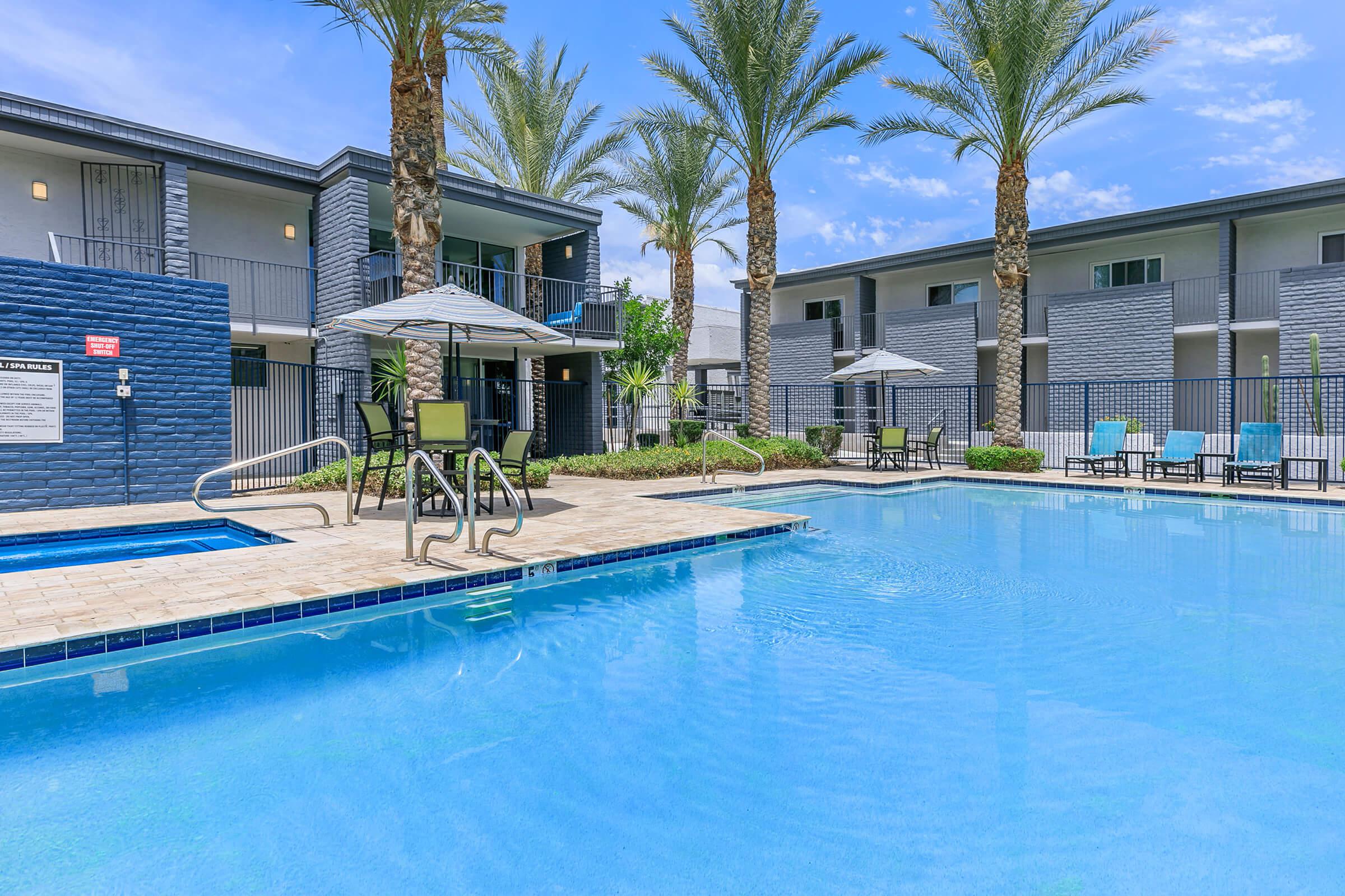 Rise Canyon West's large resort-style outdoor pool next to large palm trees