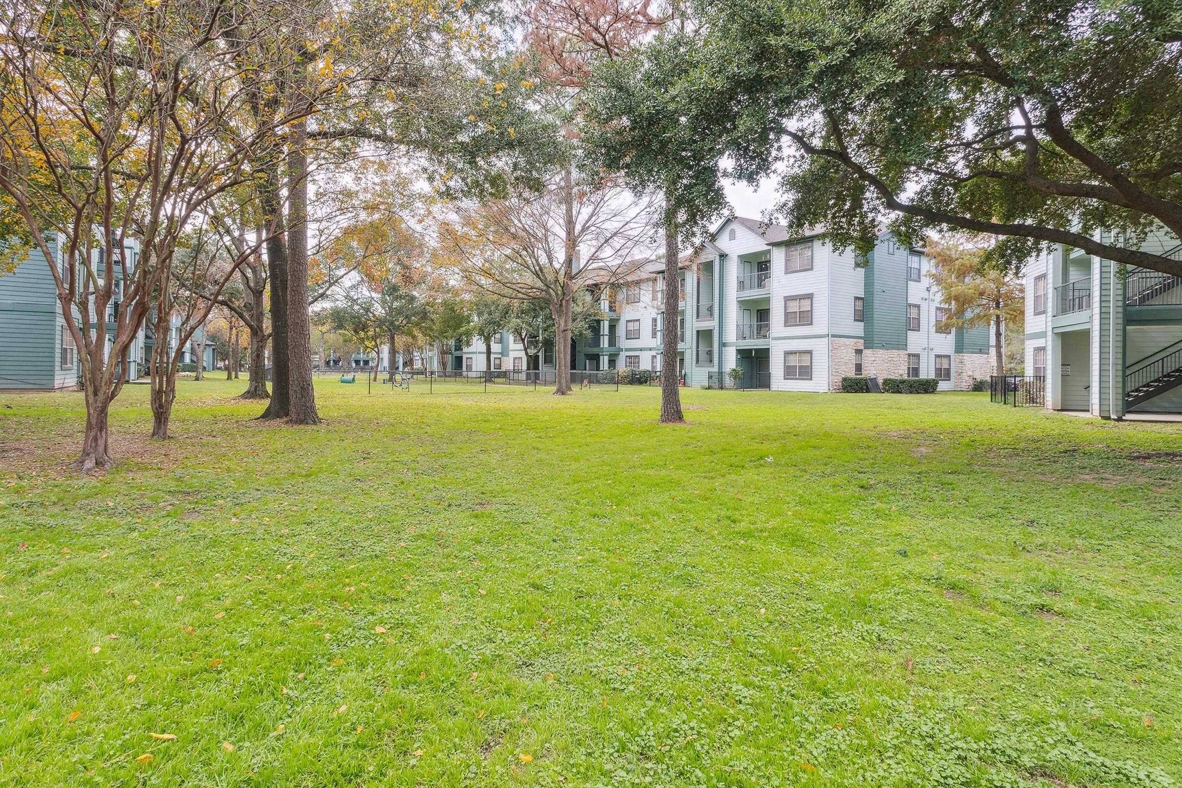 A grassy area surrounded by trees, with a few apartment buildings visible in the background. The scene appears calm and serene, with autumn foliage and a well-maintained landscape.