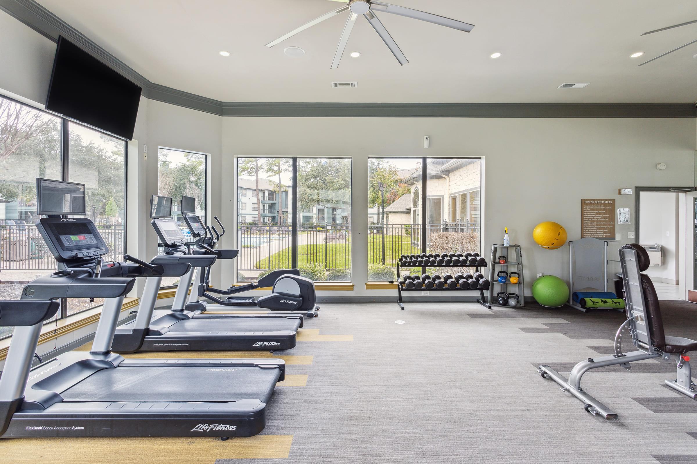 A modern gym interior featuring several treadmills, a weight bench with free weights, and fitness equipment. Large windows allow natural light and overlook an outdoor area. The space is clean and organized, with a green exercise ball and a stability ball in the corner.