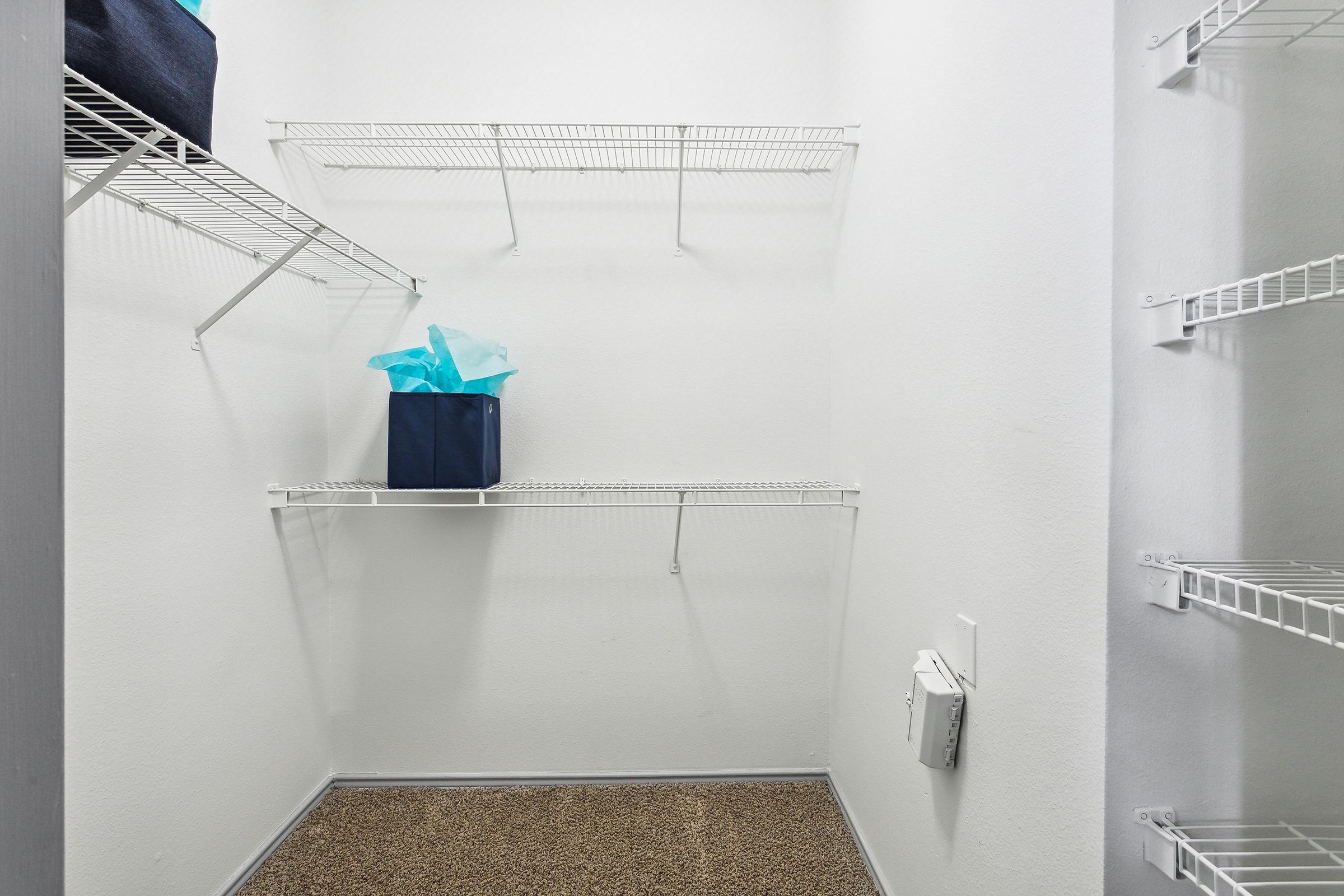 Empty closet with white wire shelving on the walls. A single blue gift box with light blue tissue paper is placed on one shelf. The floor is carpeted, and the walls are plain white, creating a clean and organized appearance.