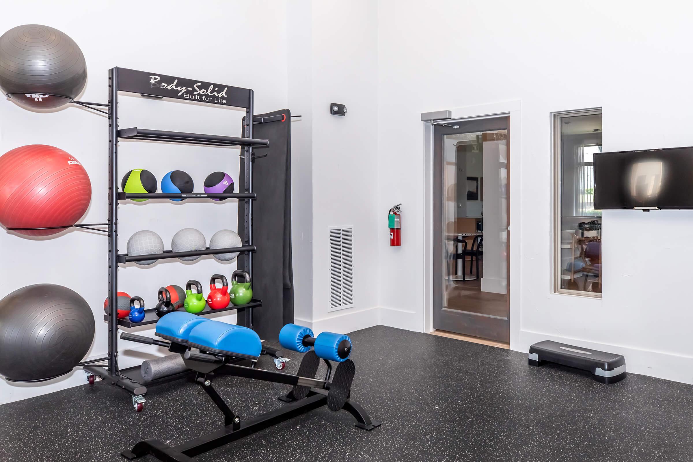 A modern gym space featuring exercise equipment. On the left, a rack holds various colored exercise balls, and below are weights in different sizes. In the center, there is a blue bench and dumbbells. A door leads to another room, and a television is mounted on the wall. The flooring is dark and rubberized.