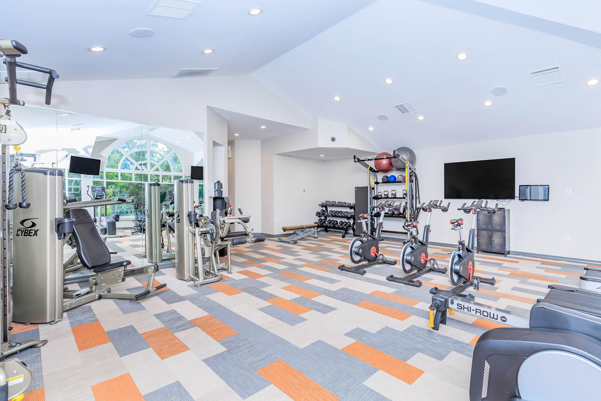 Bright and modern gym interior featuring various exercise equipment, including weight machines, stationary bikes, and a rowing machine. The space has a colorful carpet with gray, orange, and blue patterns, and large windows allowing natural light in. A flat-screen TV is mounted on the wall for workouts.