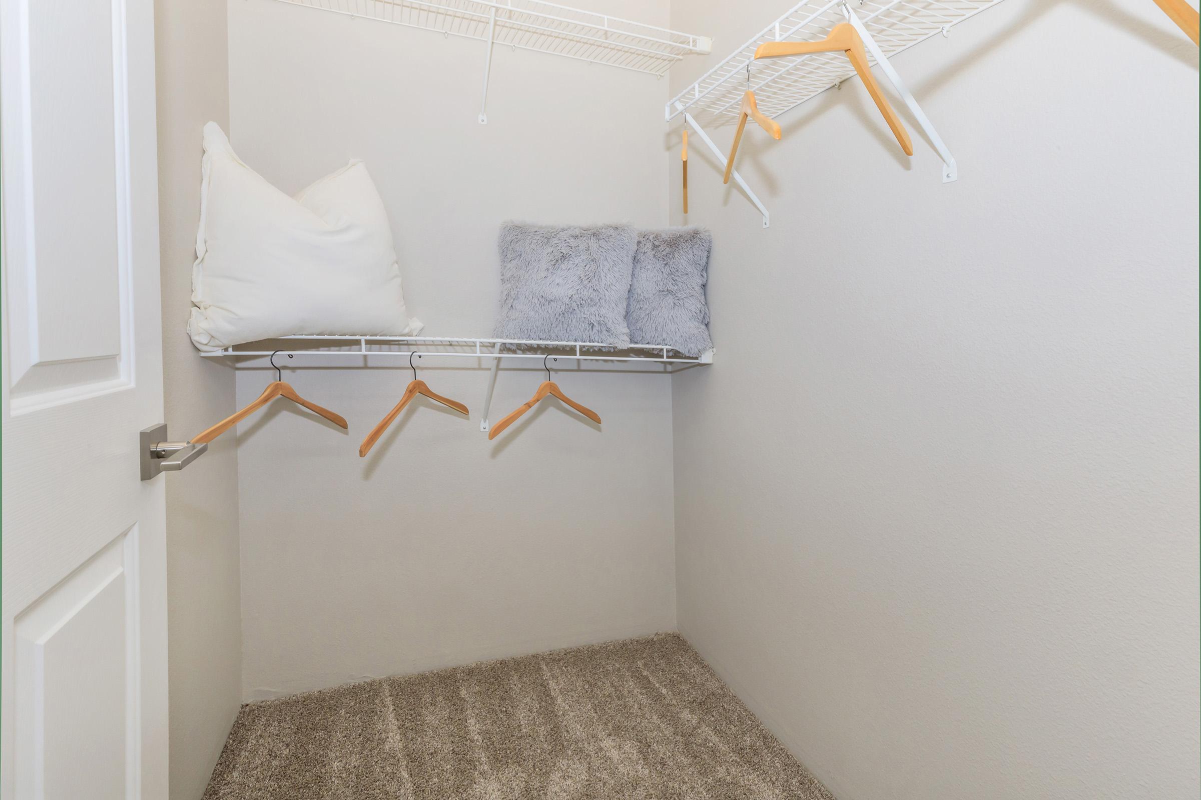 A minimalist closet featuring a carpeted floor, a wire shelf with two decorative pillows, and several empty hangers hanging from the wall. The walls are painted a light color, enhancing the clean and organized look.