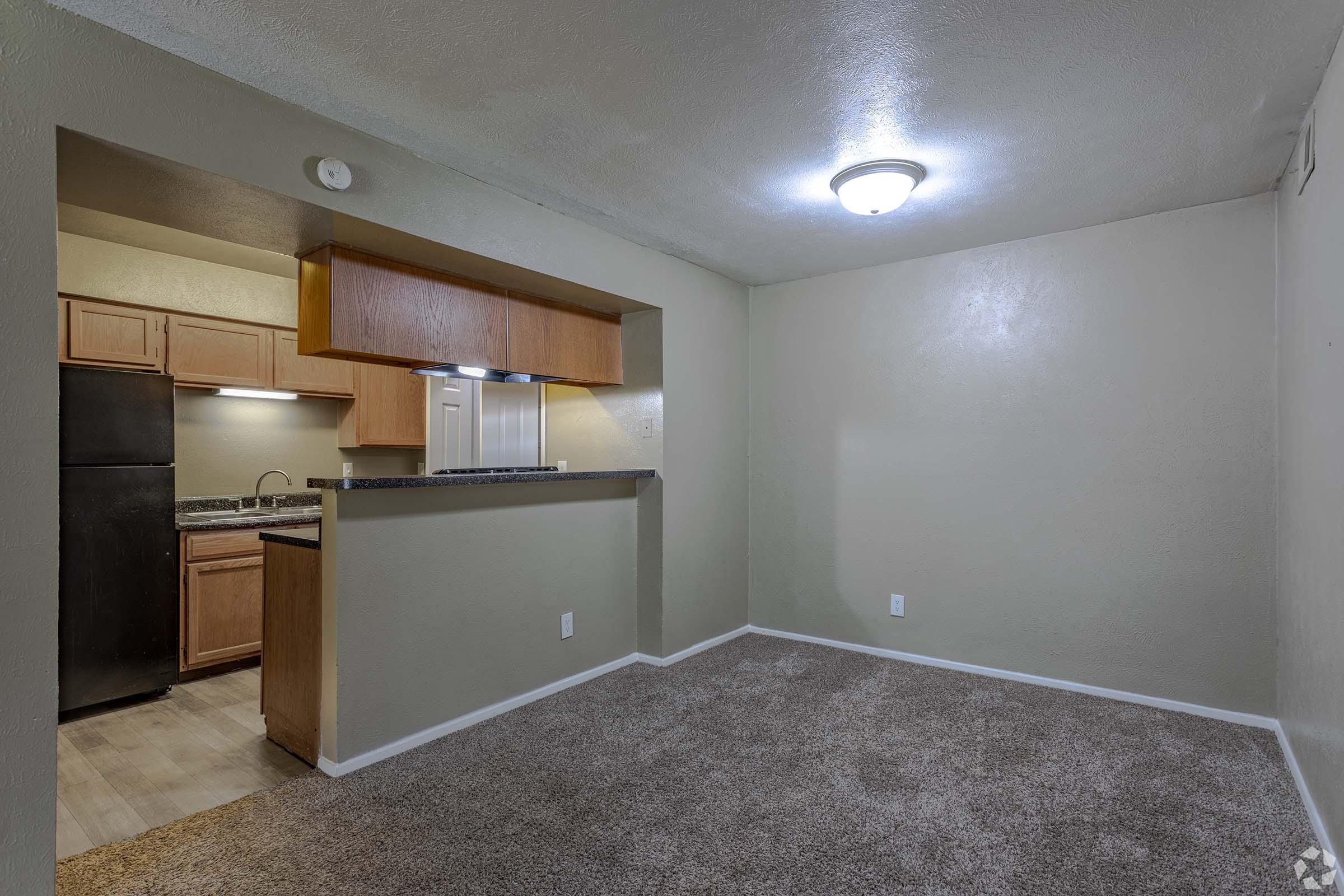 A cozy living space featuring beige walls and carpet. The room includes a small bar with a countertop, looking into a kitchen area with wooden cabinetry and black appliances. A ceiling light illuminates the space, and there's a window on the side, enhancing the overall inviting atmosphere.
