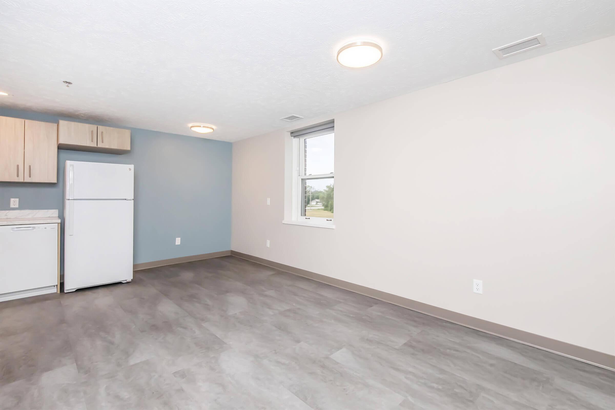Empty living space featuring light-colored walls, gray flooring, a white refrigerator, and kitchen cabinetry on one side. Natural light enters through a window, creating a spacious and bright atmosphere.