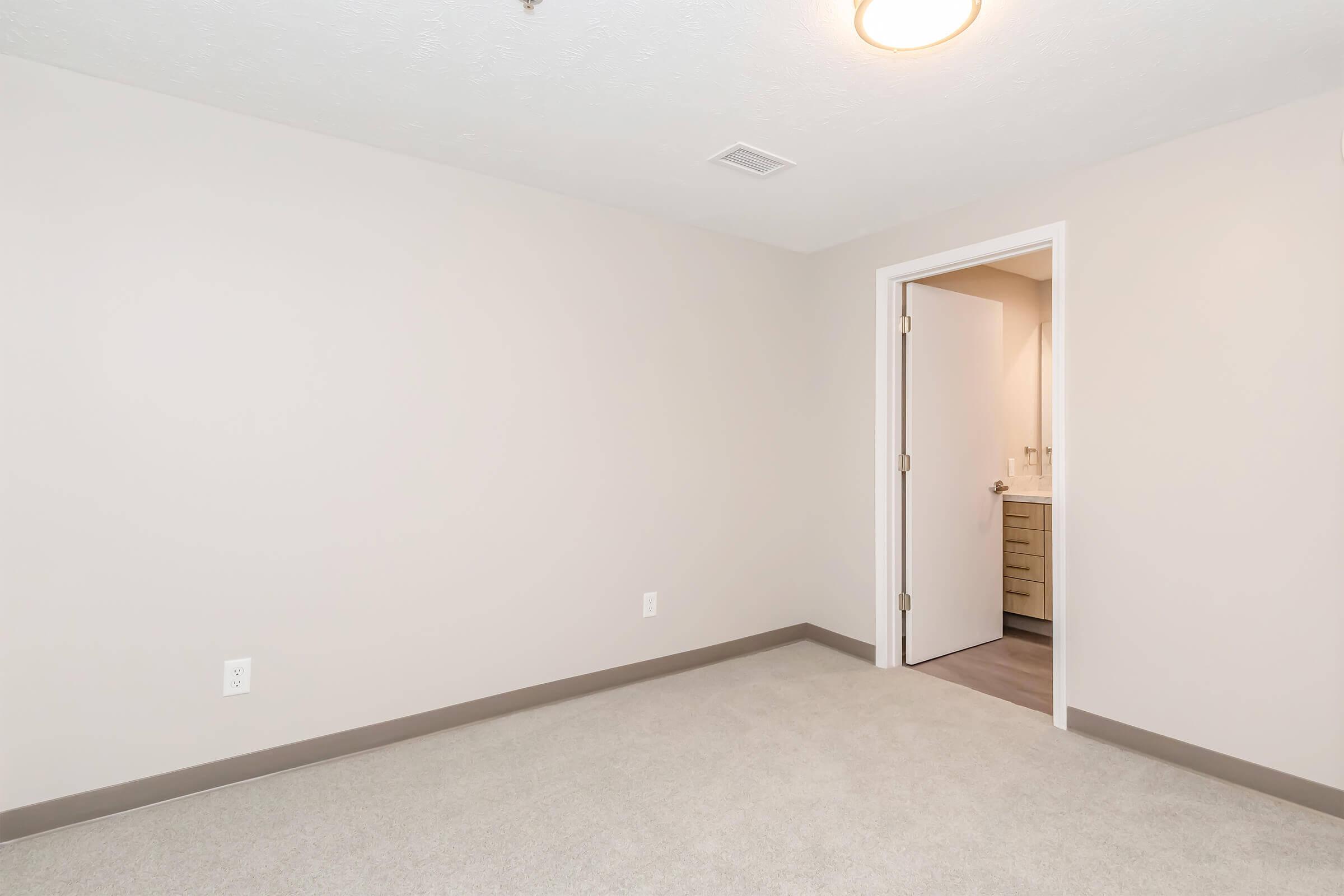 Empty room with light beige walls and gray carpet. A slightly open door leads to a bathroom area with a modern vanity. Simple, minimalistic design with no furniture or decorations. A ceiling light provides illumination.