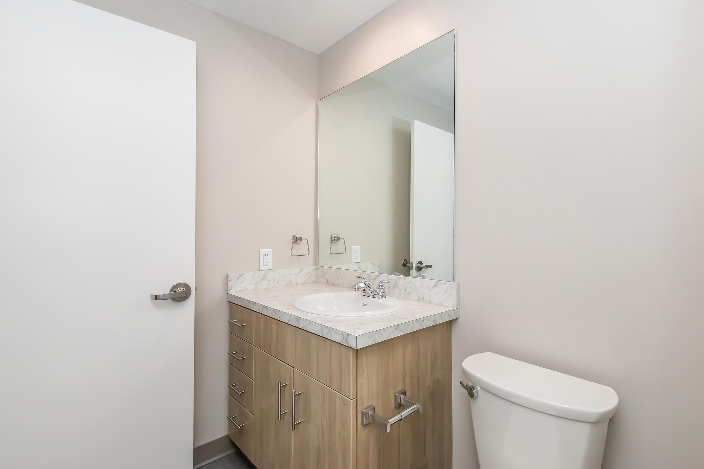 A modern bathroom featuring a light wood vanity with a white countertop and sink, a large wall mirror above the sink, a white toilet, and a light gray wall. A closed door is visible on the left side of the image. The space is well-lit and minimalistic.