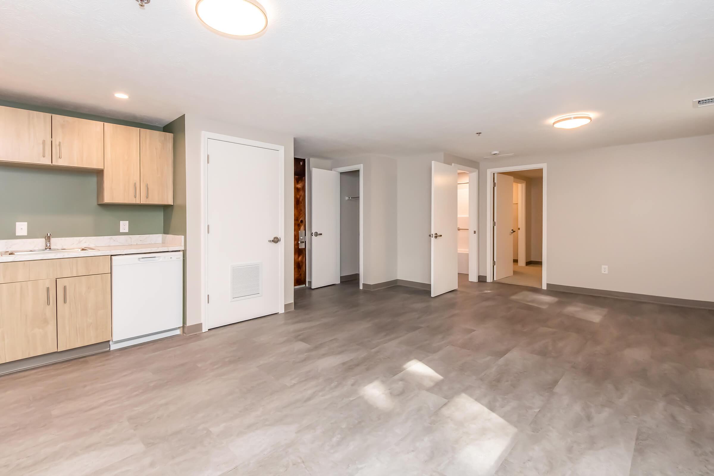 A spacious and modern apartment interior featuring light-colored cabinetry in a kitchenette, open living area with grey flooring, and multiple doorways leading to different rooms, including a bathroom. The walls are a neutral tone, and there is ample natural light from overhead fixtures.