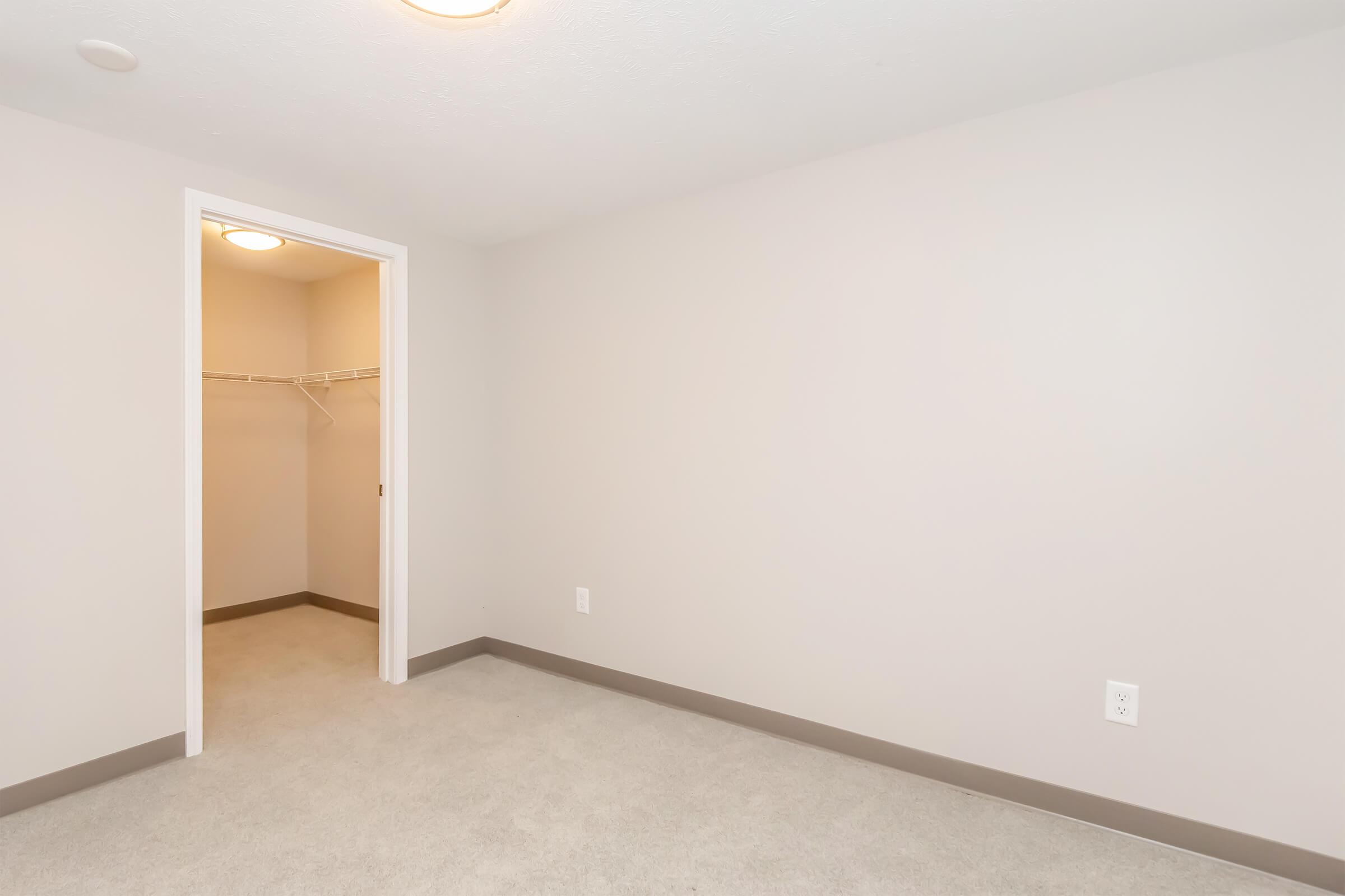 A spacious, empty room with light gray walls and beige carpet. There is a doorway leading to a closet with a white wire shelving unit. The ceiling has two overhead lights. The overall ambiance is clean and simple, suitable for various uses.