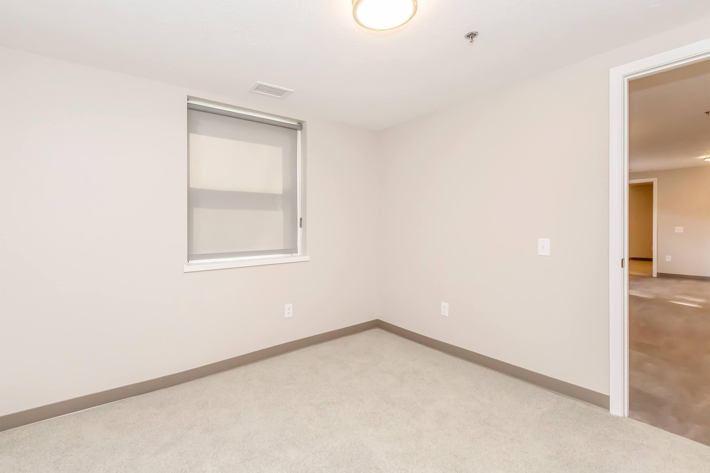 A vacant room with light beige walls and carpet. It has a single window with a sheer shade and a ceiling light. A door is visible in the corner leading to another space. The room is empty, providing a neutral backdrop suitable for various purposes.