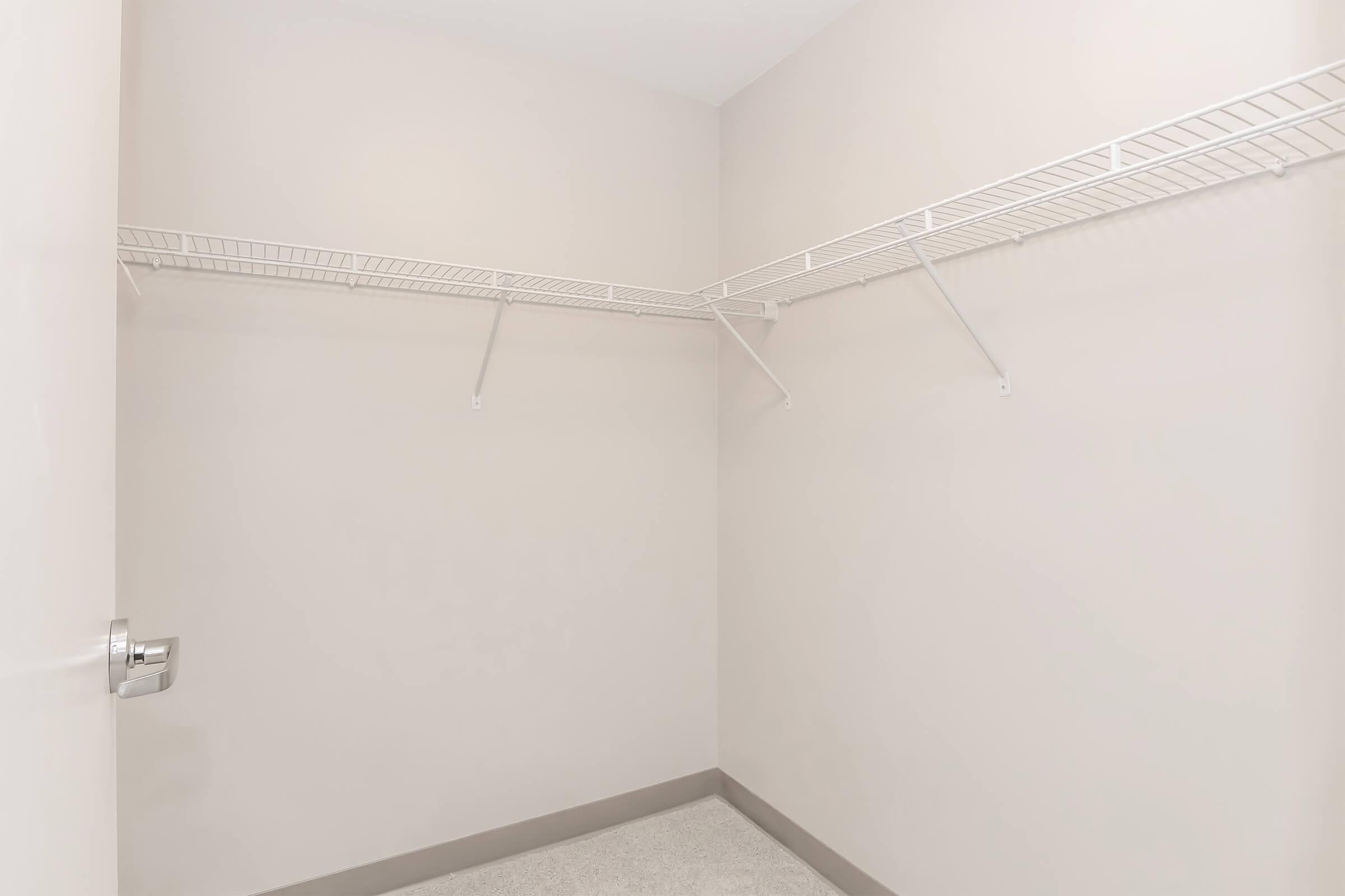 Empty closet with light-colored walls and a clean, bare floor. The closet features wire shelving along one wall, with no items or decorations present, creating a spacious and minimal look. Ideal for storage purposes.