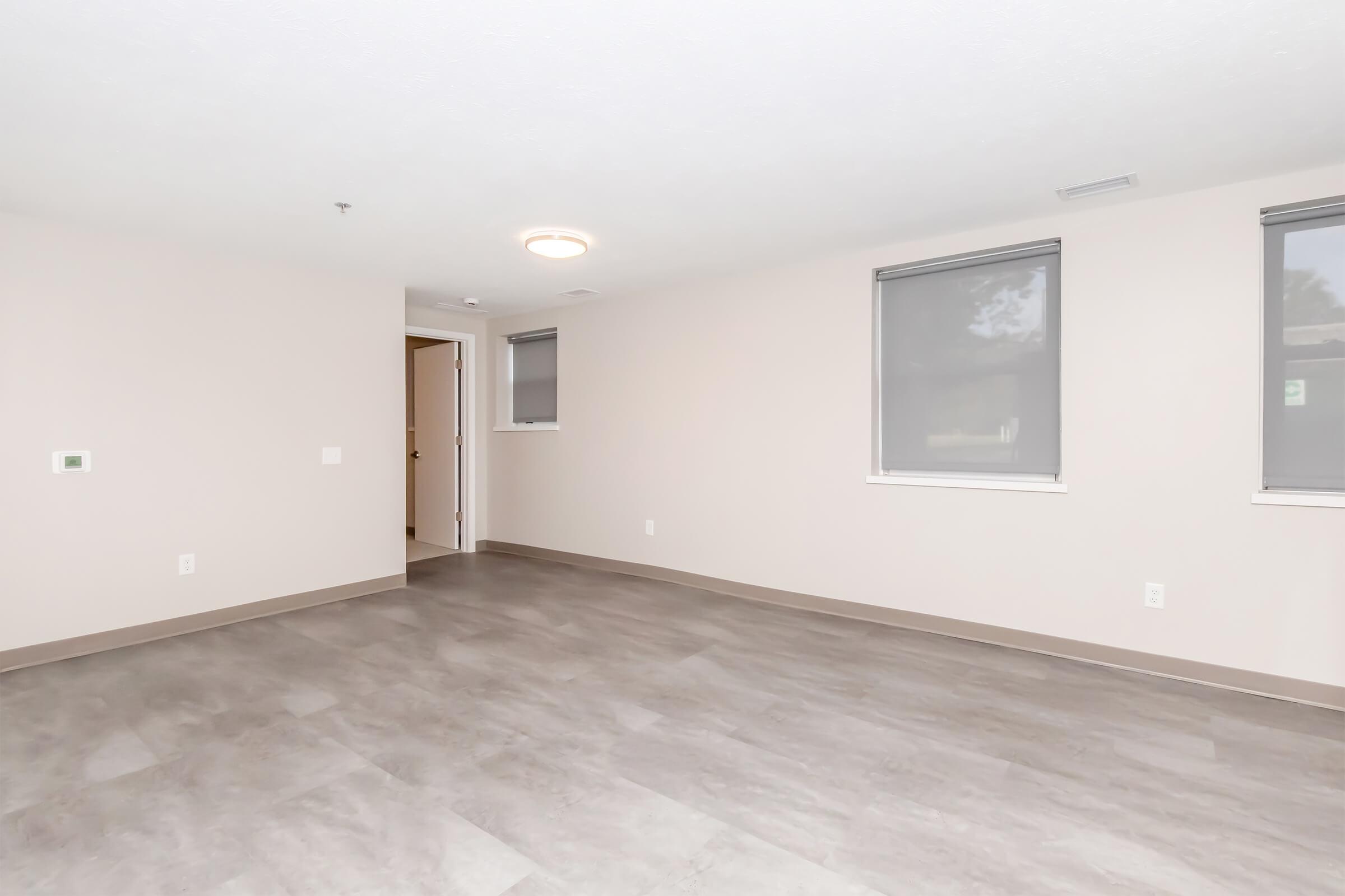 A spacious, empty room with light gray walls and a neutral-colored floor. Two windows with gray blinds let in natural light. A door is visible in the background, leading to another room. The ceiling features a flush-mounted light fixture, creating a bright and airy atmosphere.