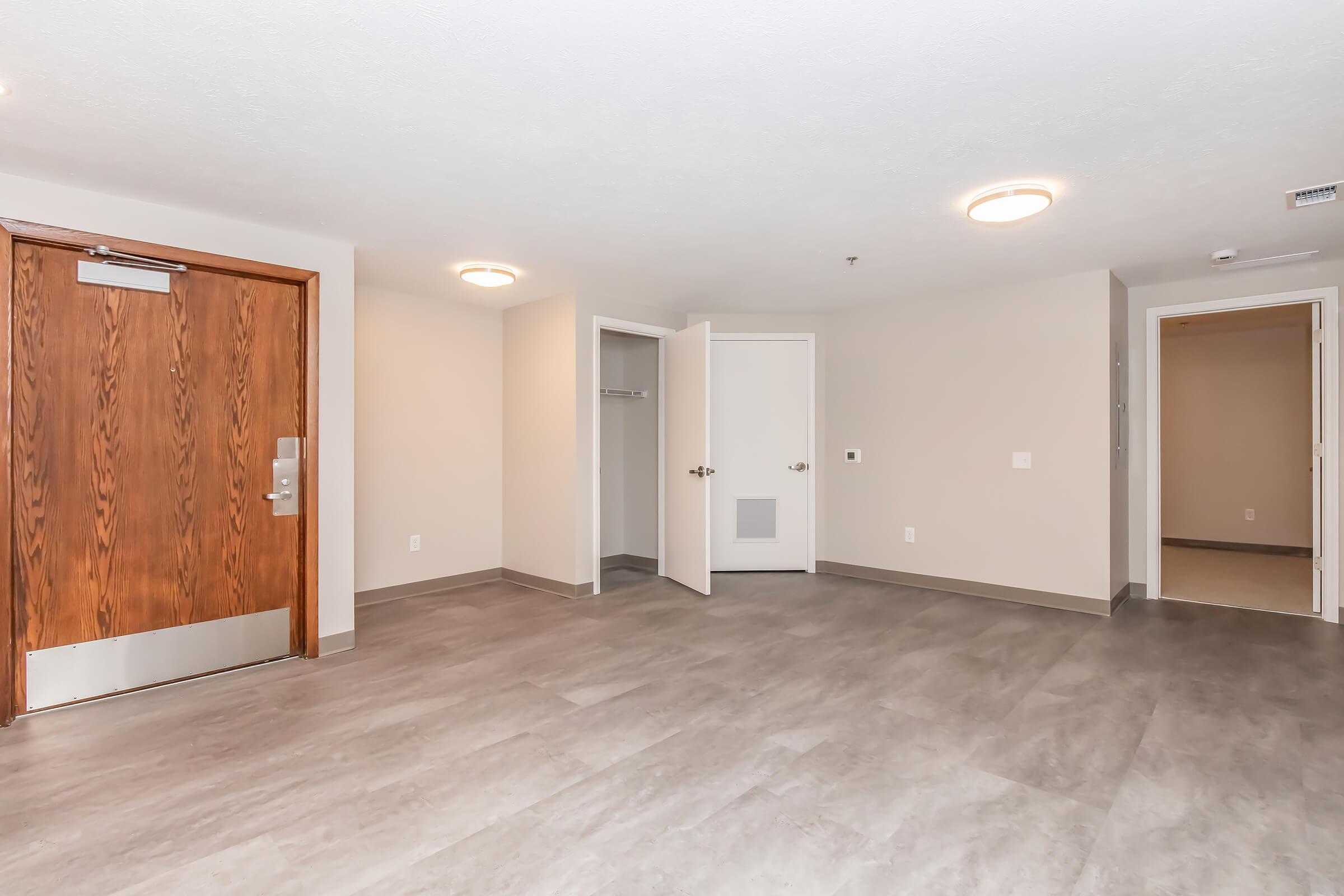 An empty, well-lit apartment interior featuring a spacious room with light gray flooring, white walls, and a large wooden front door. There are two open doors leading to small closets and another room, with overhead lighting fixtures visible in the ceiling. The layout is modern and inviting.