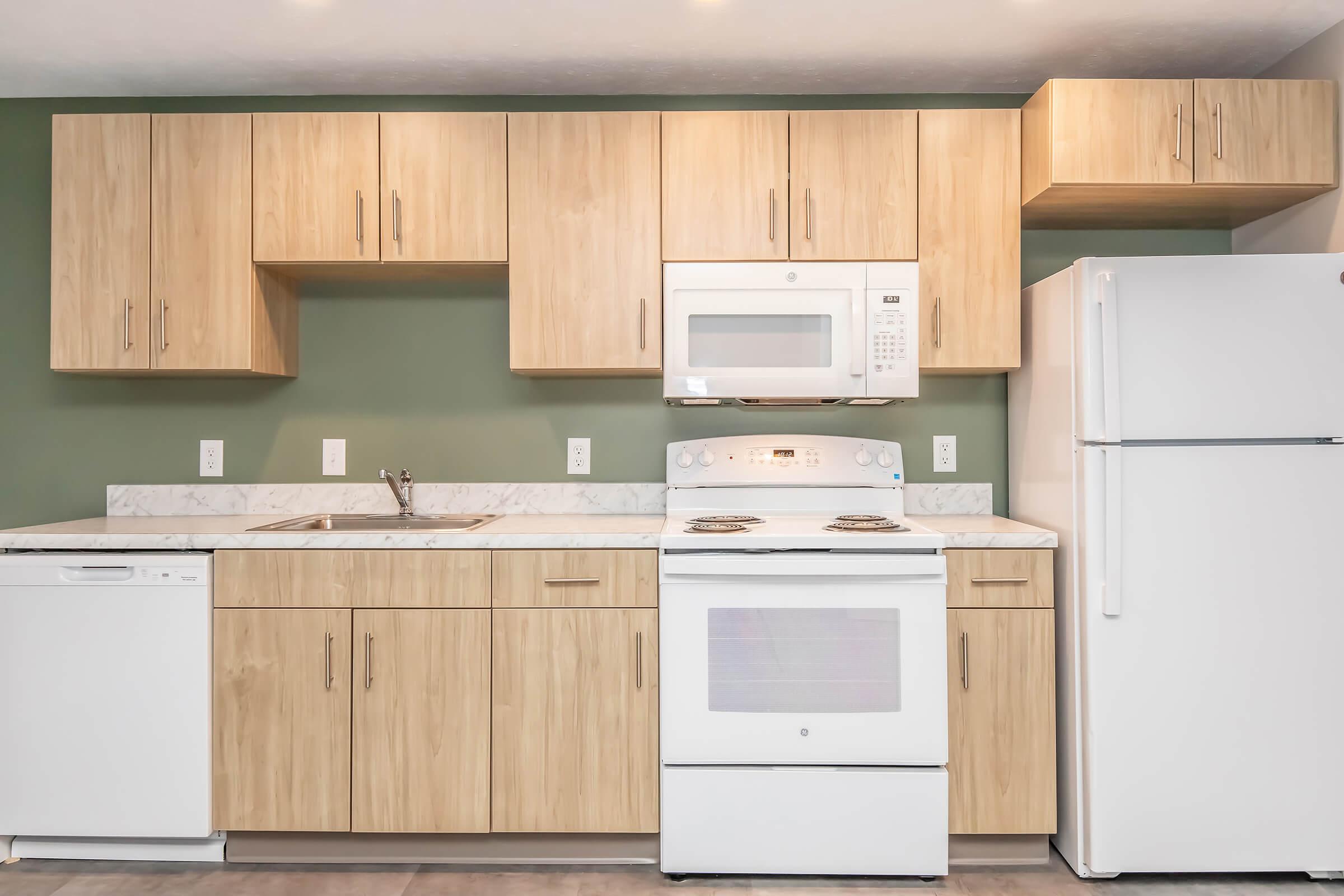 Modern kitchen with light wood cabinets, a white oven and microwave, a stainless steel dishwasher, and a white refrigerator. The countertops are marble-like, and the walls are painted a soft green, creating a clean and inviting atmosphere.