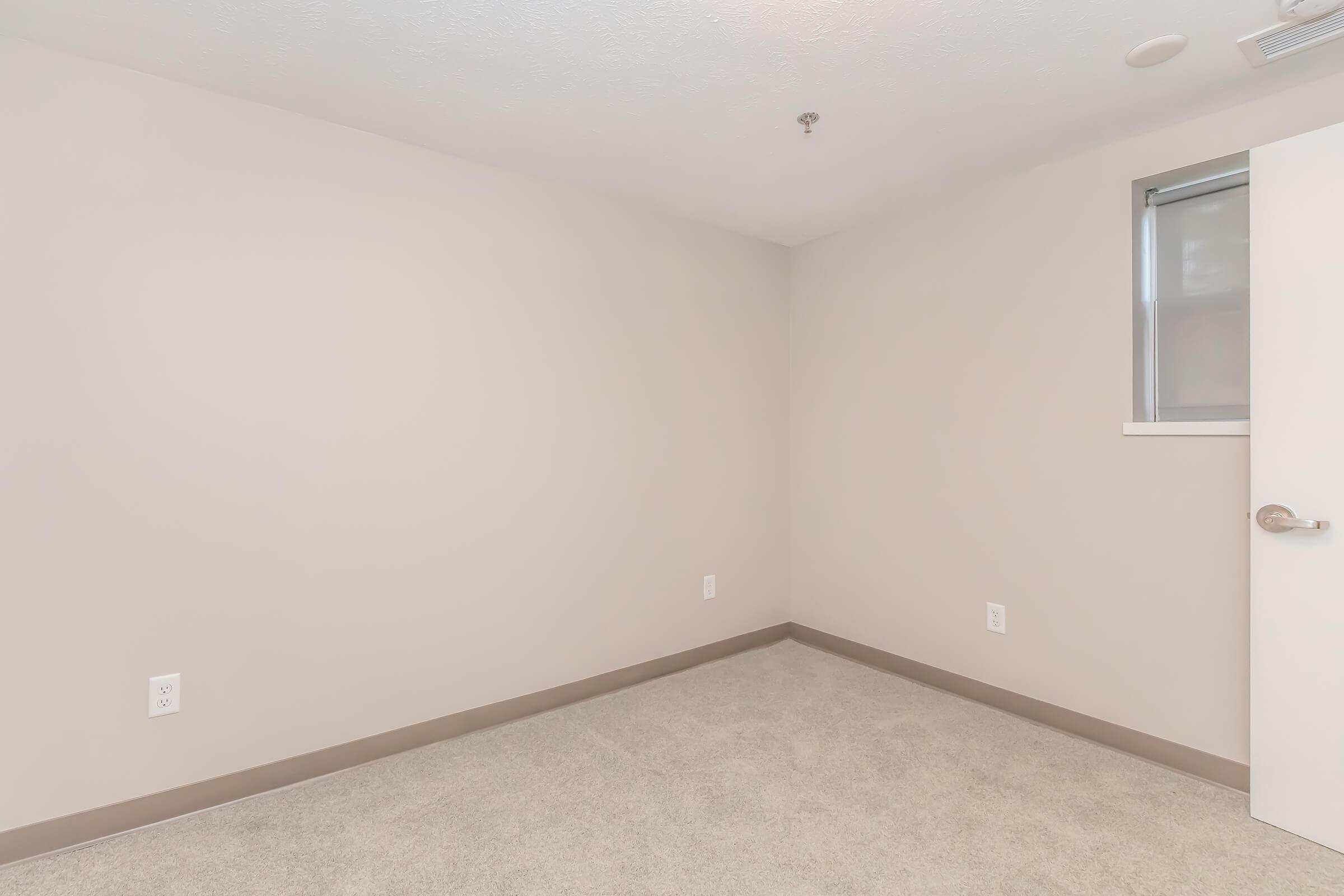 Empty room with light beige walls and a plush, neutral-colored carpet. A single door is ajar on the right, and a small window is visible on the back wall. The space is well-lit and uncluttered, making it suitable for various uses.