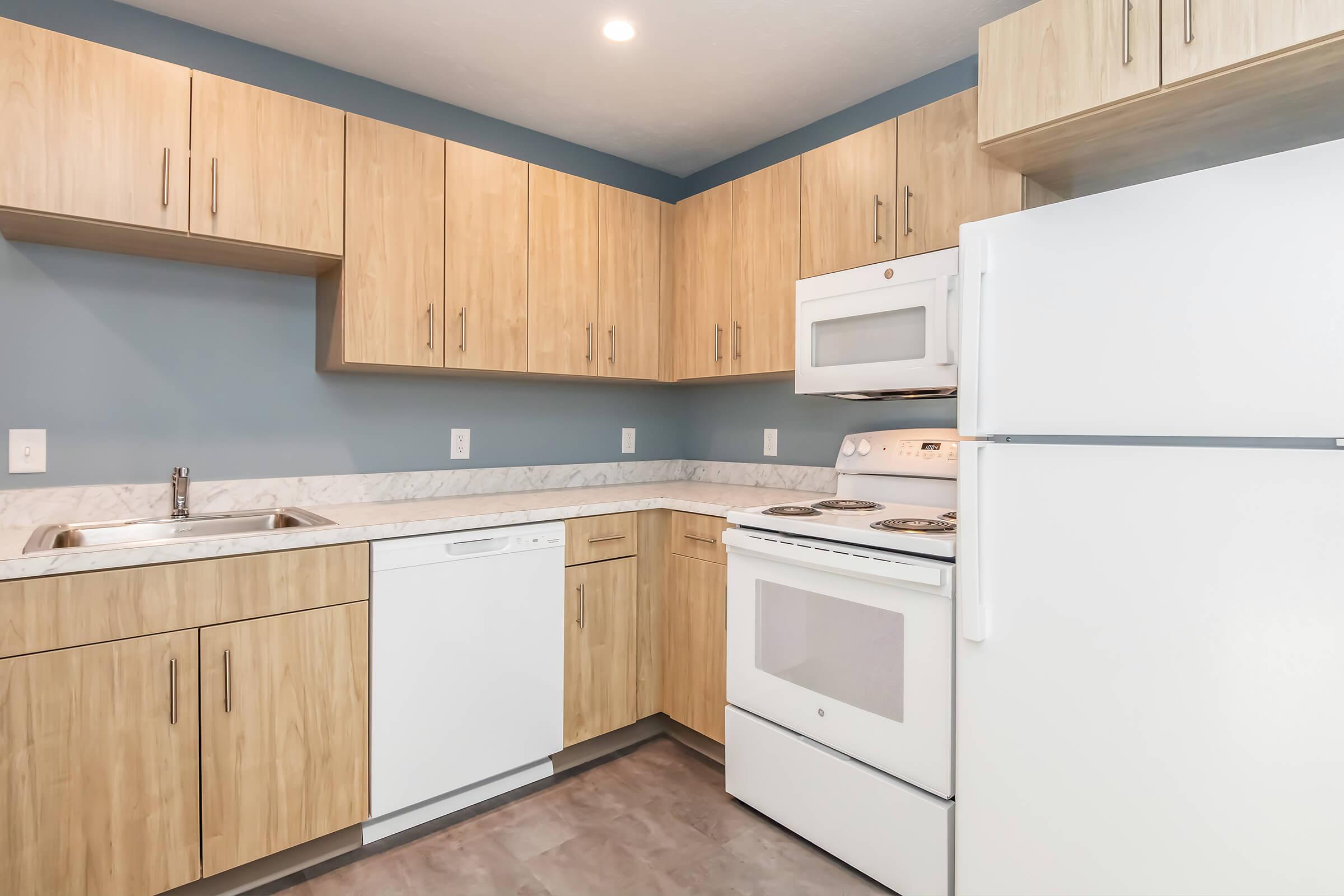 Modern kitchen featuring light wood cabinets, a white refrigerator, a white stove with an oven, and a dishwasher. The countertop is a light-colored marble, and the walls are painted in a soft blue hue. The space is well-lit with overhead lighting.