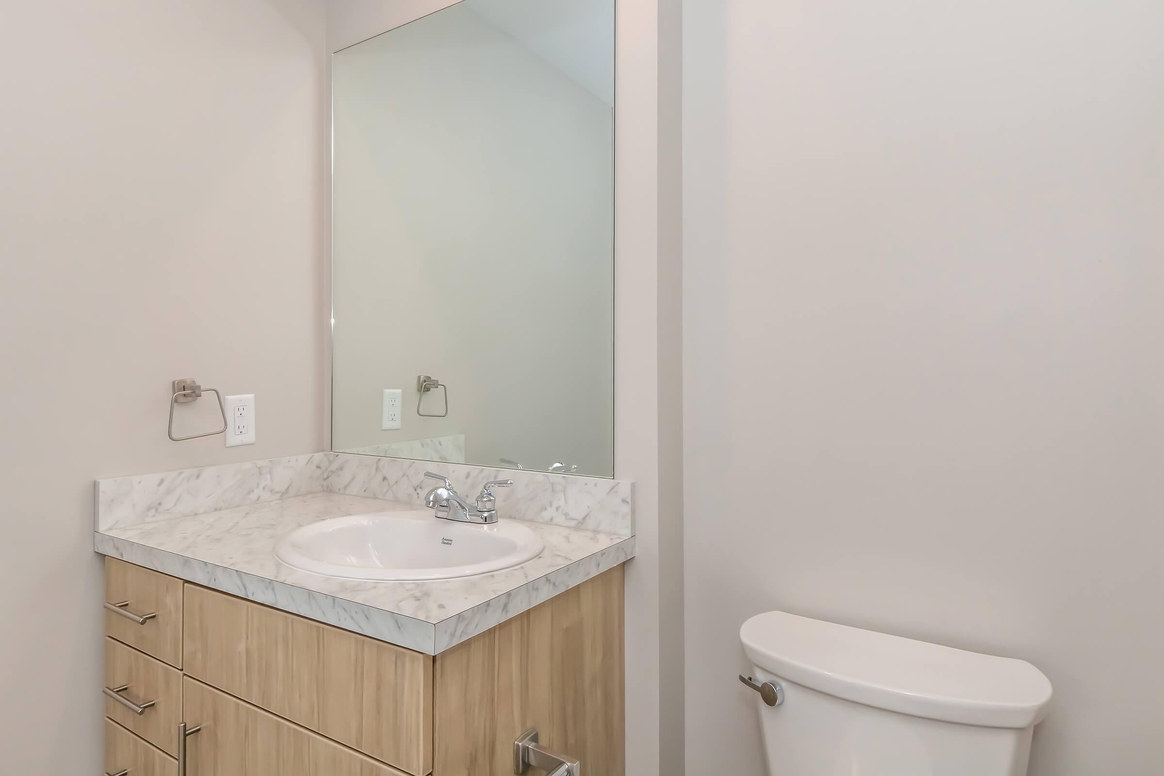 A modern bathroom featuring a light-colored wall, a marble countertop with a circular sink, a mirror above the sink, wooden cabinetry, and a white toilet. The space appears clean and contemporary.