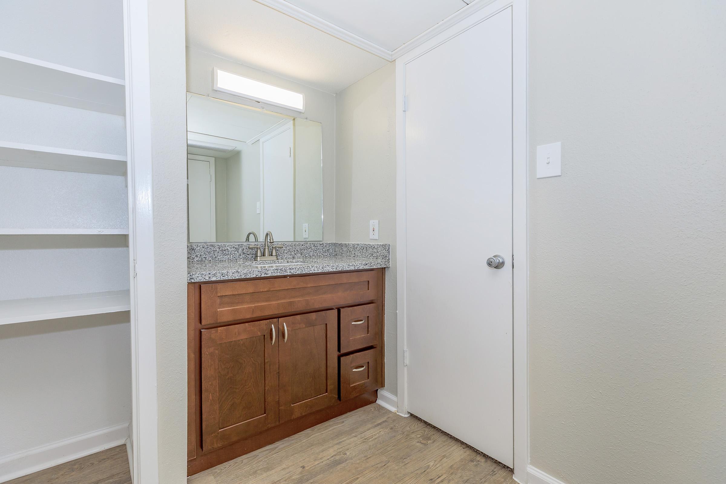 A modern bathroom featuring a wooden vanity with a granite countertop and two drawers. Above the sink, there is a rectangular mirror and lighting fixture. The walls are painted in a light gray, and there is a white door and built-in shelves visible in the background. The flooring is a light wood finish.