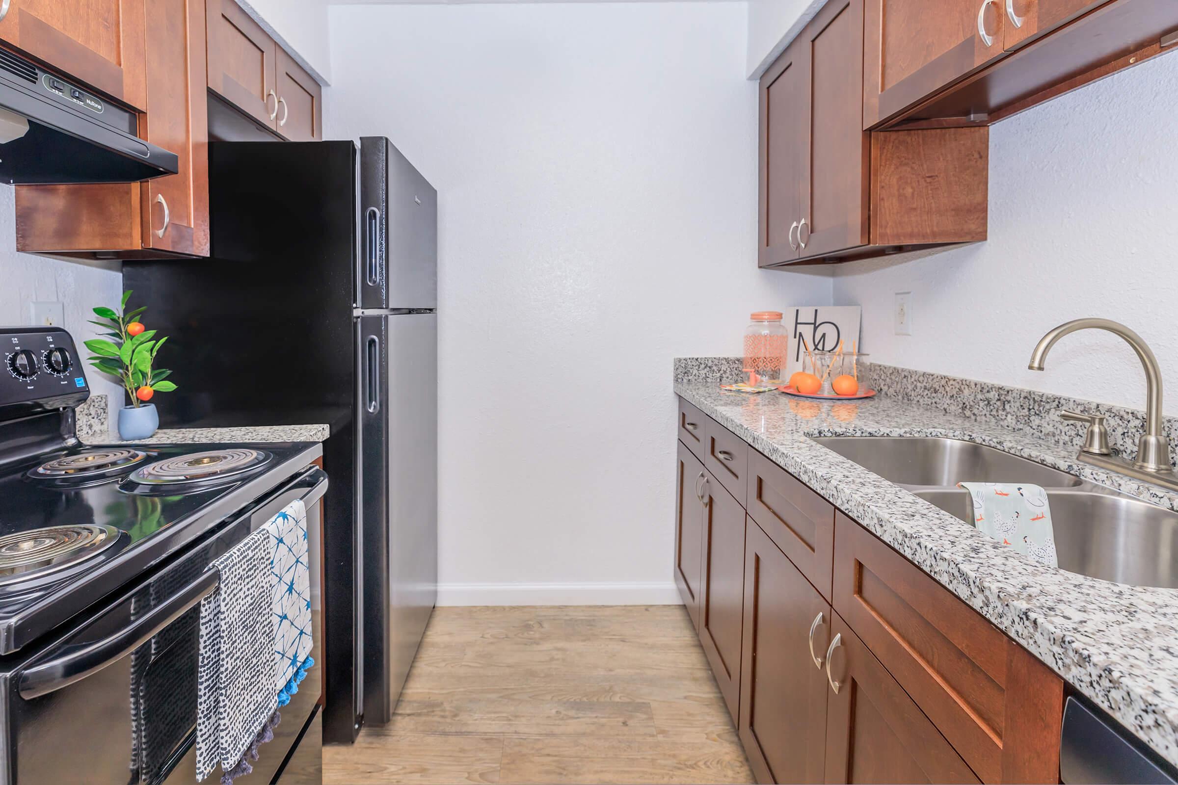 A modern kitchen featuring dark wood cabinetry, a black refrigerator, a stove, and a double sink with a granite countertop. It includes a small decorative plant, a jar with oranges, and a kitchen towel, creating a clean and inviting space.