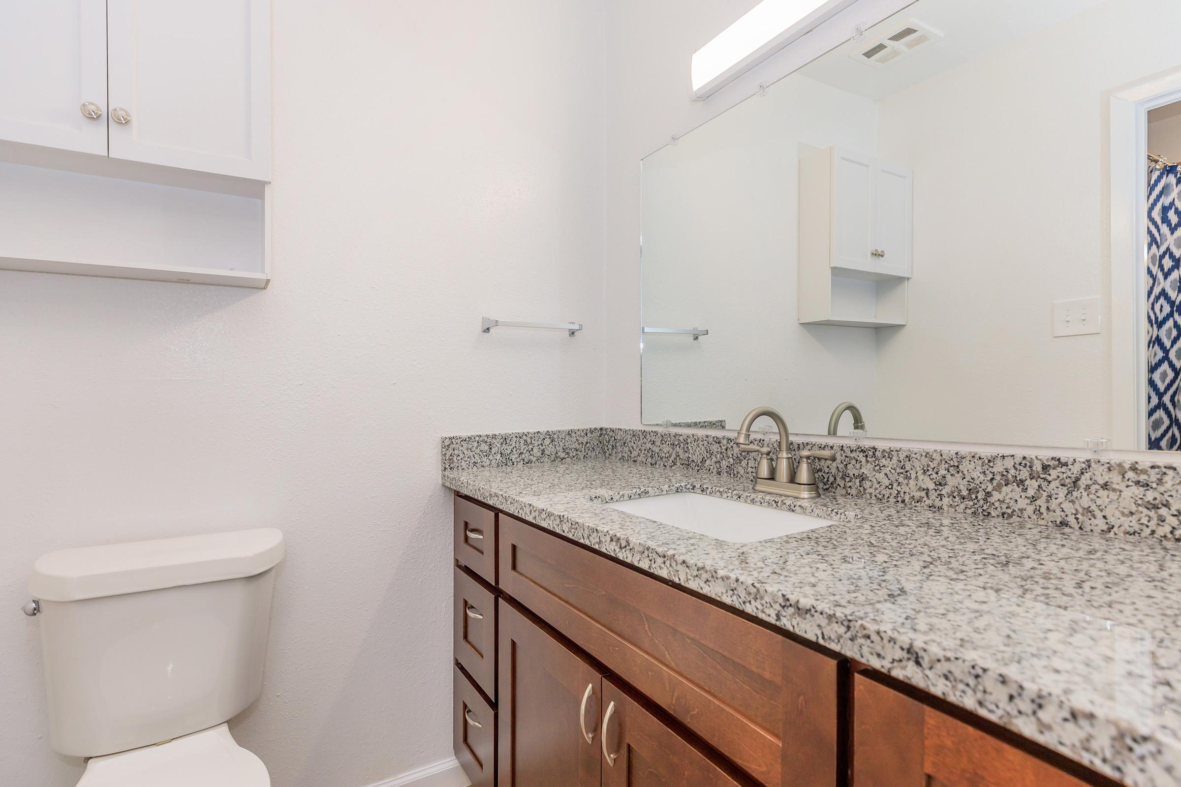 View of a modern bathroom featuring a granite countertop with a sink and faucet, wooden cabinetry, a wall-mounted mirror, and a toilet. The walls are painted in a light color, and there is a shelf above the sink. A shower curtain is partially visible in the background, adding a pop of color.