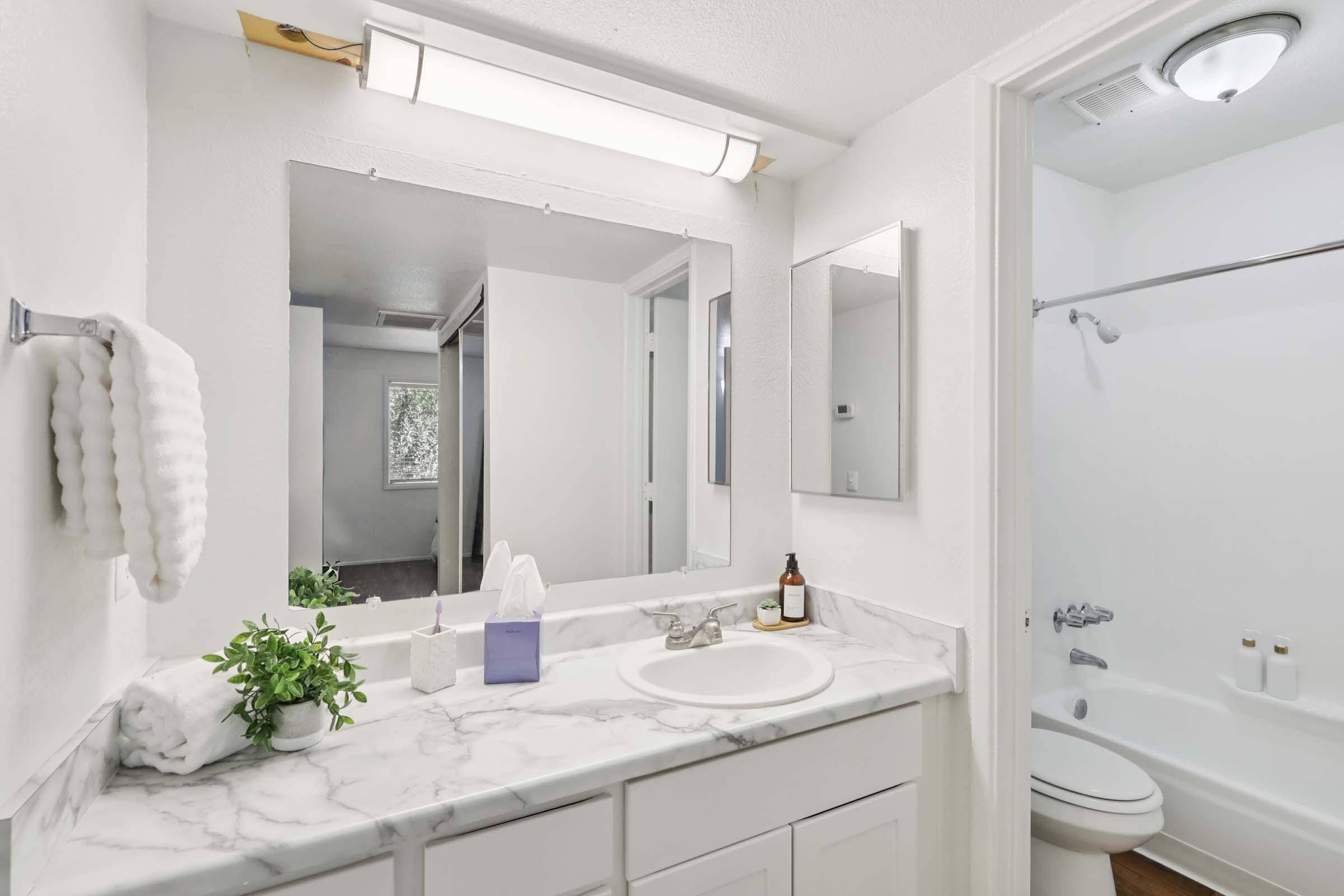A clean and modern bathroom with marble countertops, a sink, and a large mirror. The space features white walls, a towel hanging on a rack, and a small potted plant. In the background, a shower is visible, and the overall ambiance is bright and inviting.