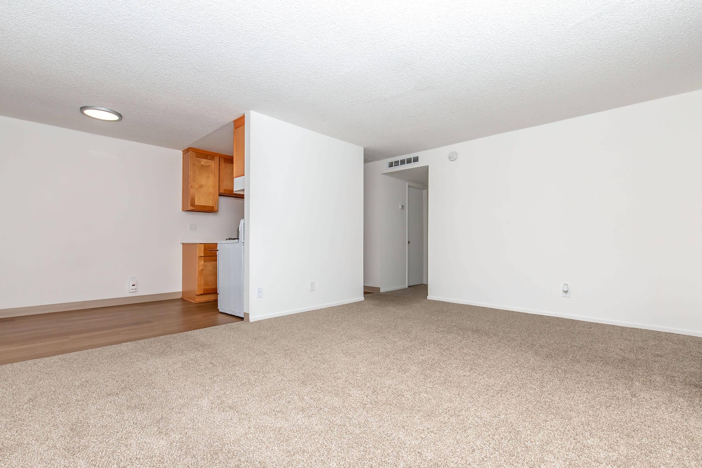 Empty living space featuring light beige carpet and white walls. In the background, there's a small kitchen area with wooden cabinets, visible through an open doorway. The lighting is bright, creating a spacious and airy atmosphere. No furniture or decorations are present in the room.