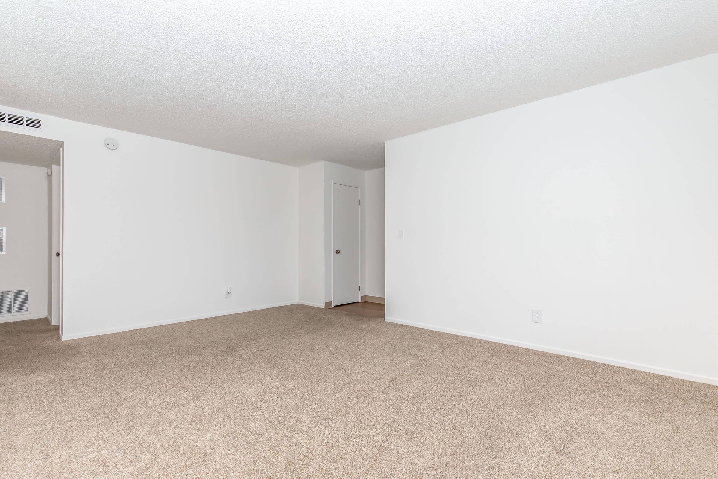 A spacious, empty room with light beige carpet and white walls. There is a doorway on the right leading to another room, and the overall atmosphere is bright and clean, suitable for various uses like a living area or office. Natural light may be coming from unseen windows.