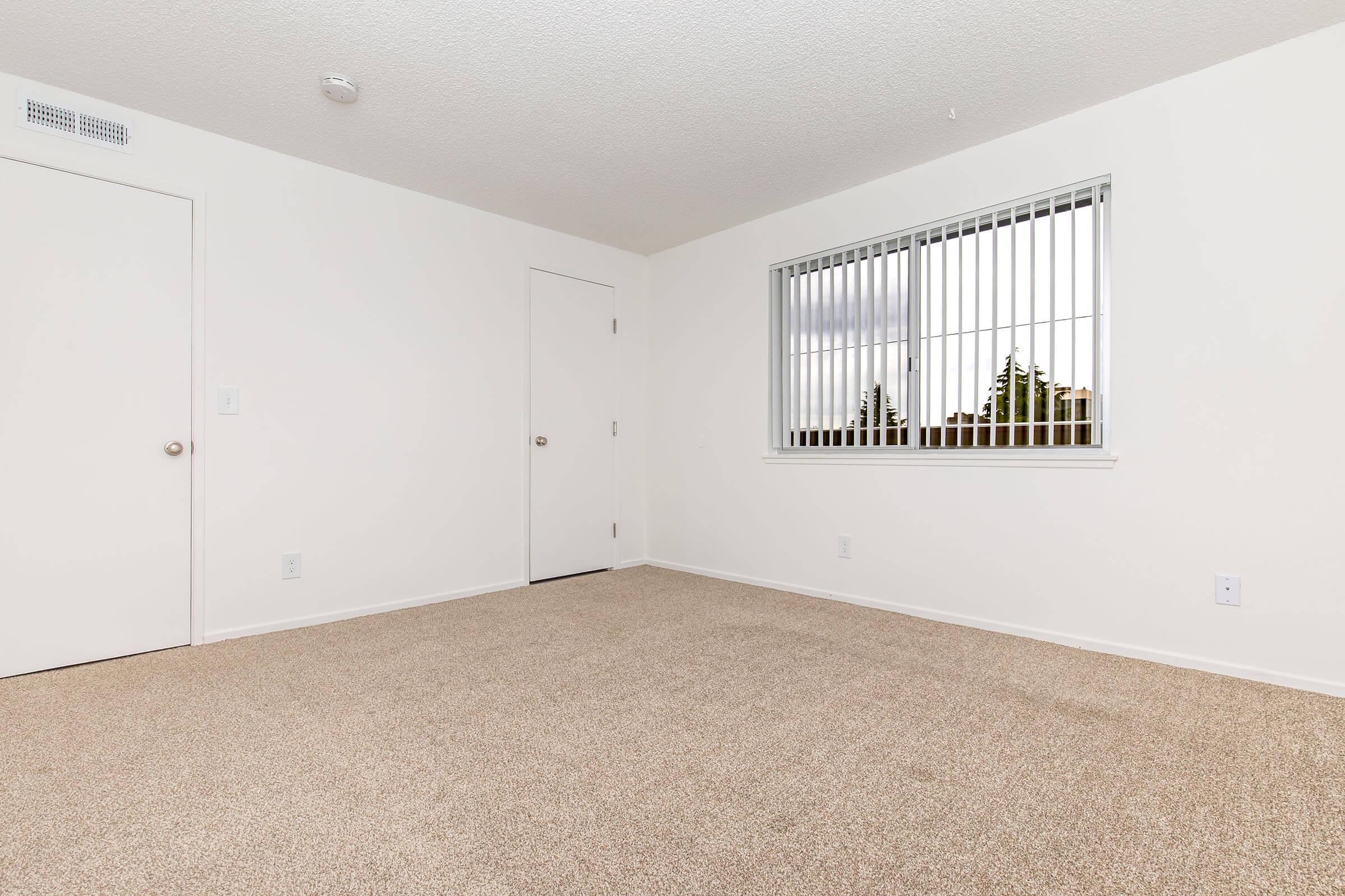 A bright, empty room with beige carpeted flooring and white walls. There’s a closed door on the left and a window on the right with horizontal blinds, showing a cloudy sky outside. The room appears spacious and unfurnished, providing a blank canvas for decoration.