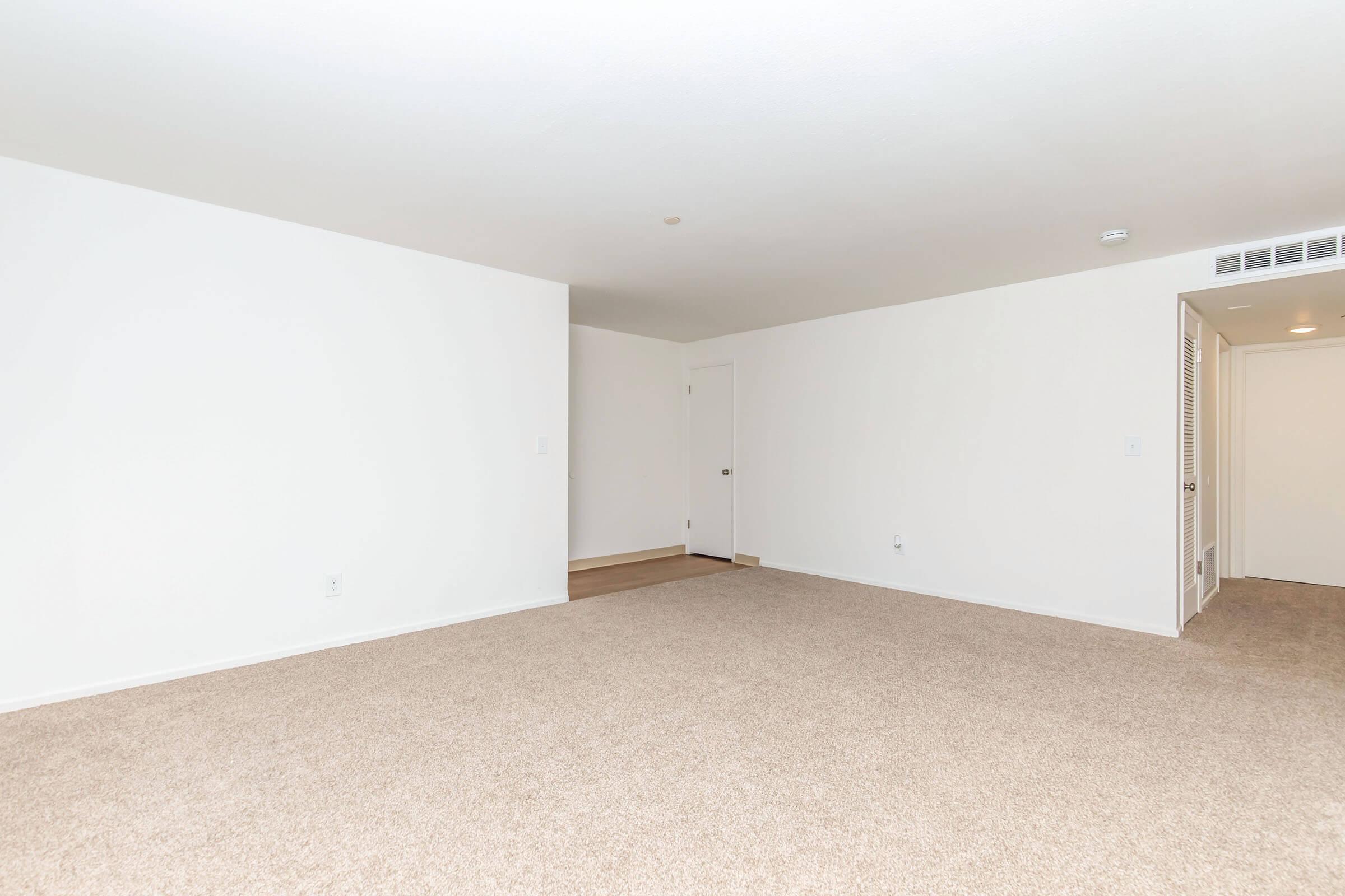 An empty room with light beige carpet, white walls, and a single door on the right side leading to another space. There are no furnishings or decorations, creating a spacious, minimalist feel.