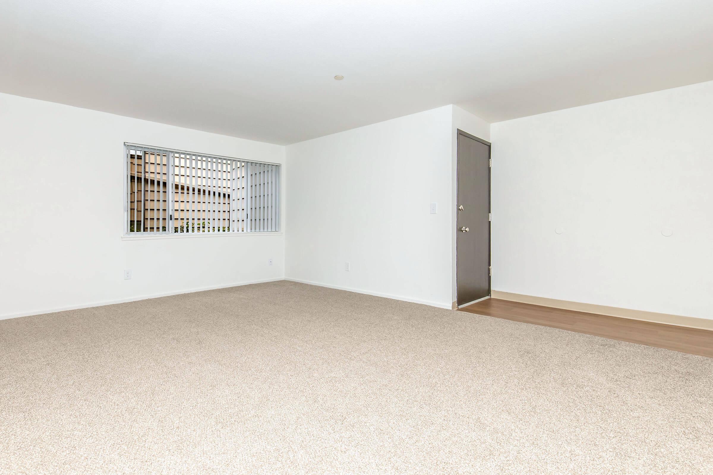 A spacious, empty room with light-colored walls and beige carpet. A large window with a grid pattern allows natural light to enter, while a door on the right leads outside. The room's minimalistic design offers an open feel, ideal for various furniture arrangements.