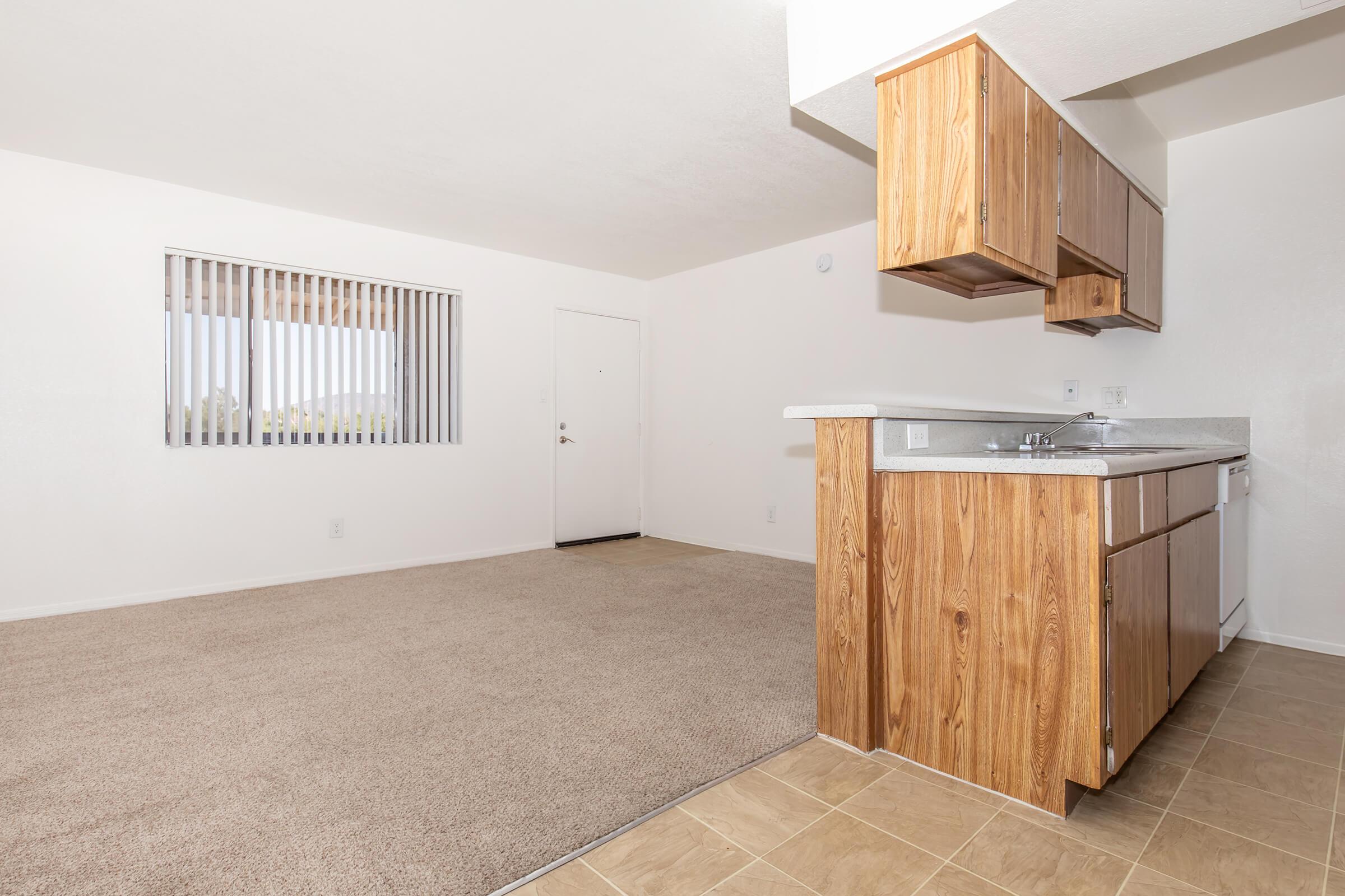 a kitchen with wooden cabinets and a wood floor