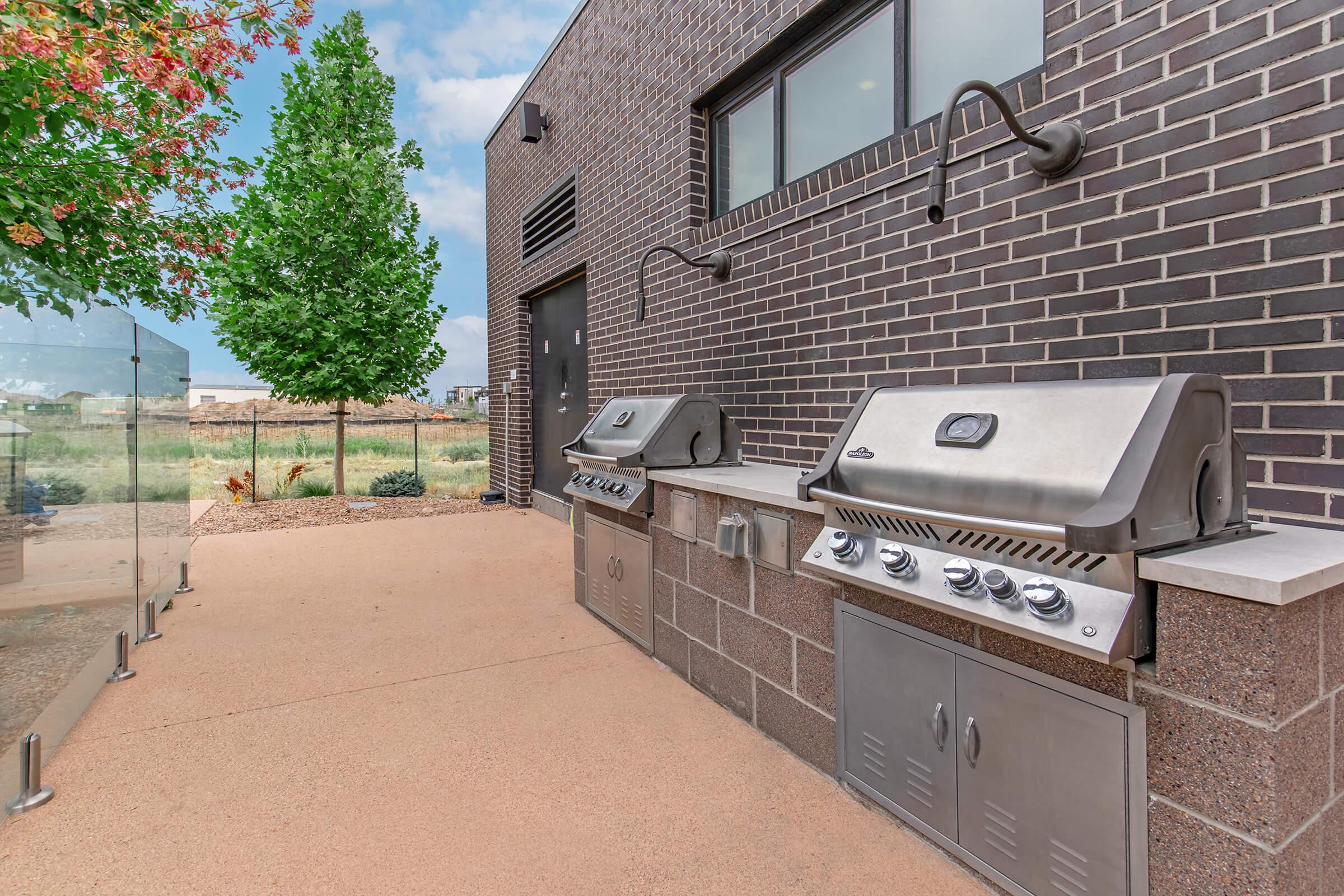 Outdoor grilling area featuring two stainless steel barbecue grills mounted on a stone counter. The space is bordered by a modern glass railing and has a backdrop of greenery and distant fields. A tree with red leaves adds a splash of color to the scene.